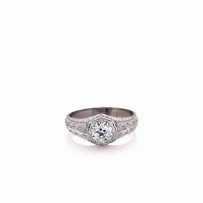 Estate Platinum Old European Cut Diamonds 8 Prong Belcher Style Hand Engraved Ring