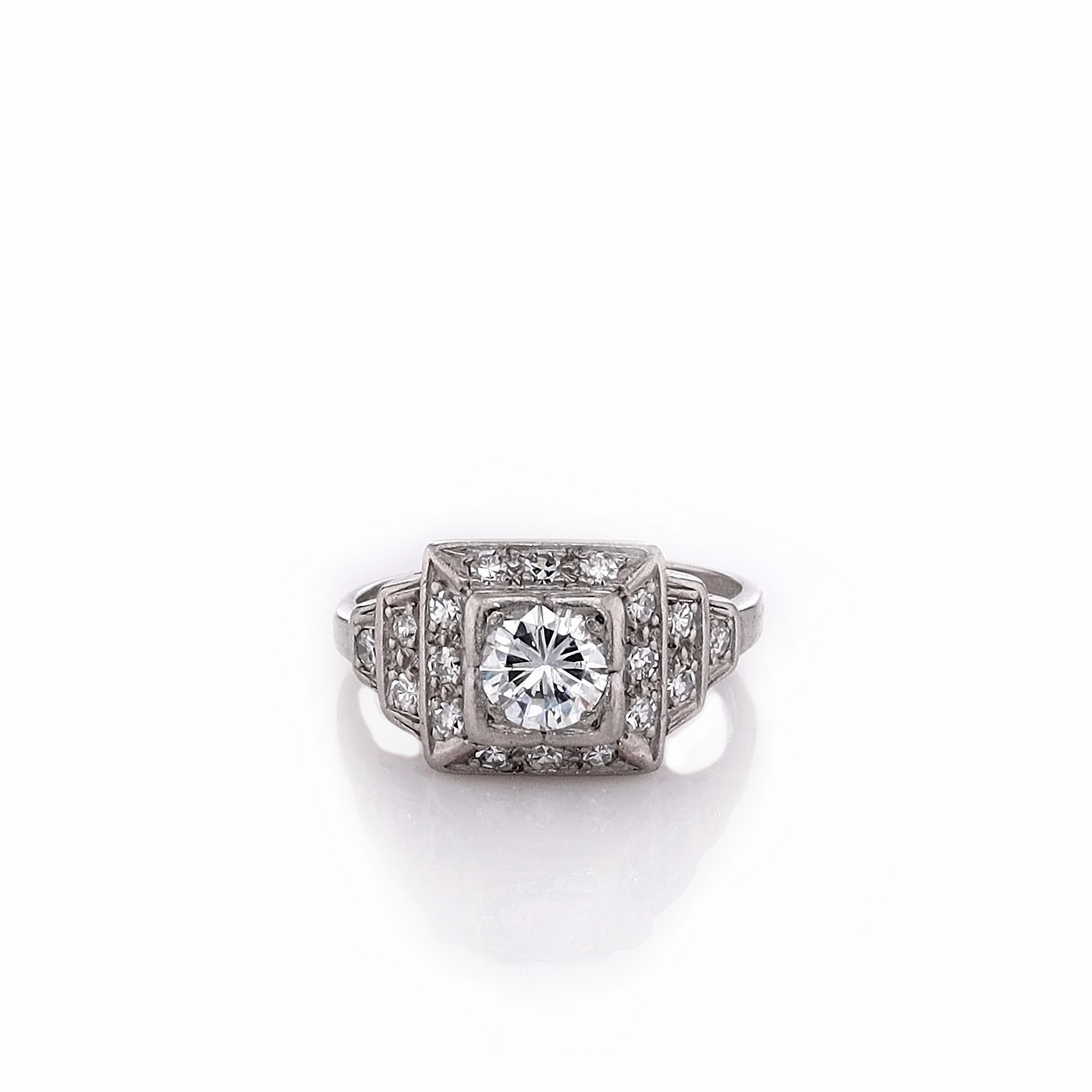 Estate Platinum Step Tower Design Diamond Square Halo Ring