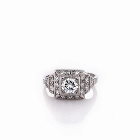 Estate Platinum Step Tower Design Diamond Square Halo Ring