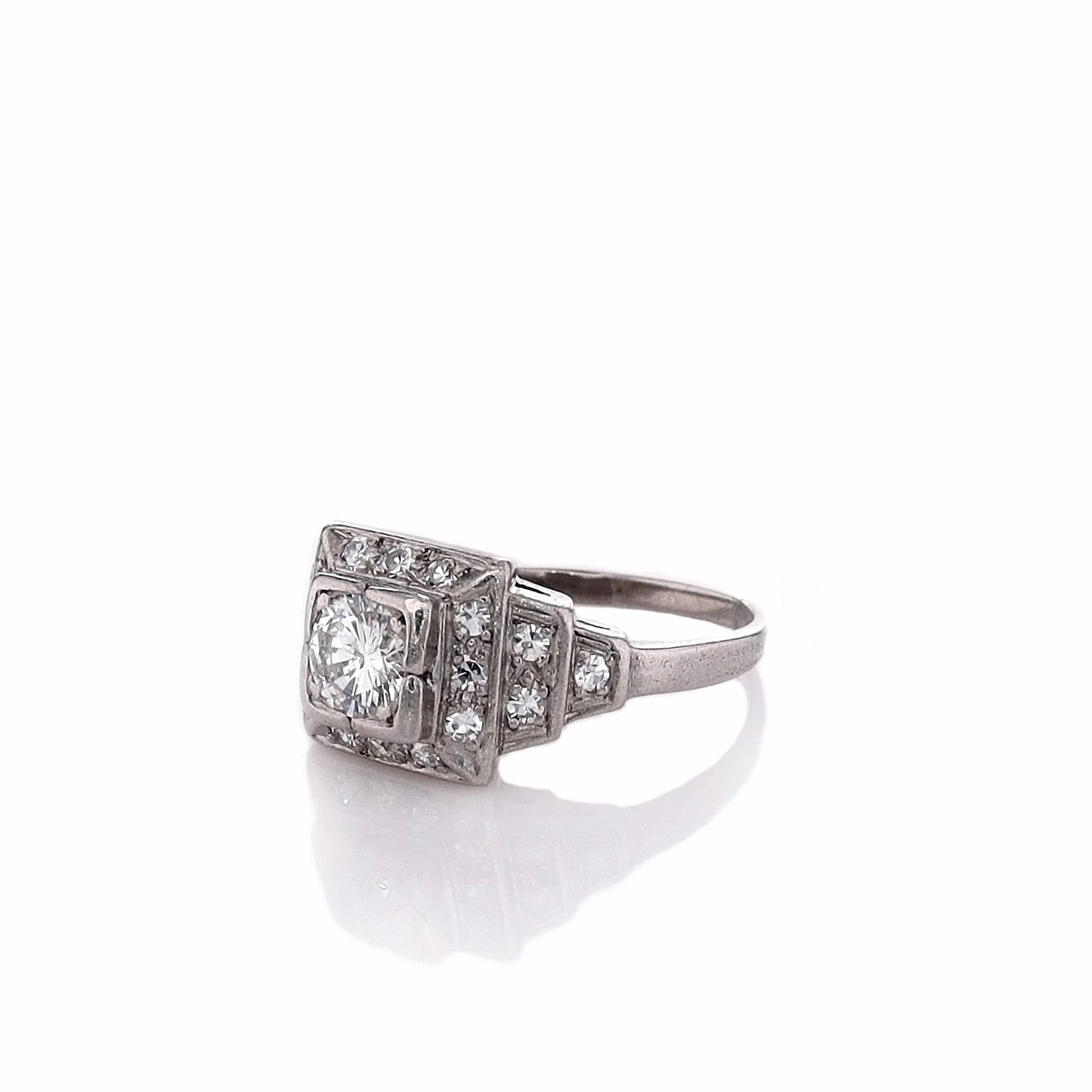 Estate Platinum Step Tower Design Diamond Square Halo Ring