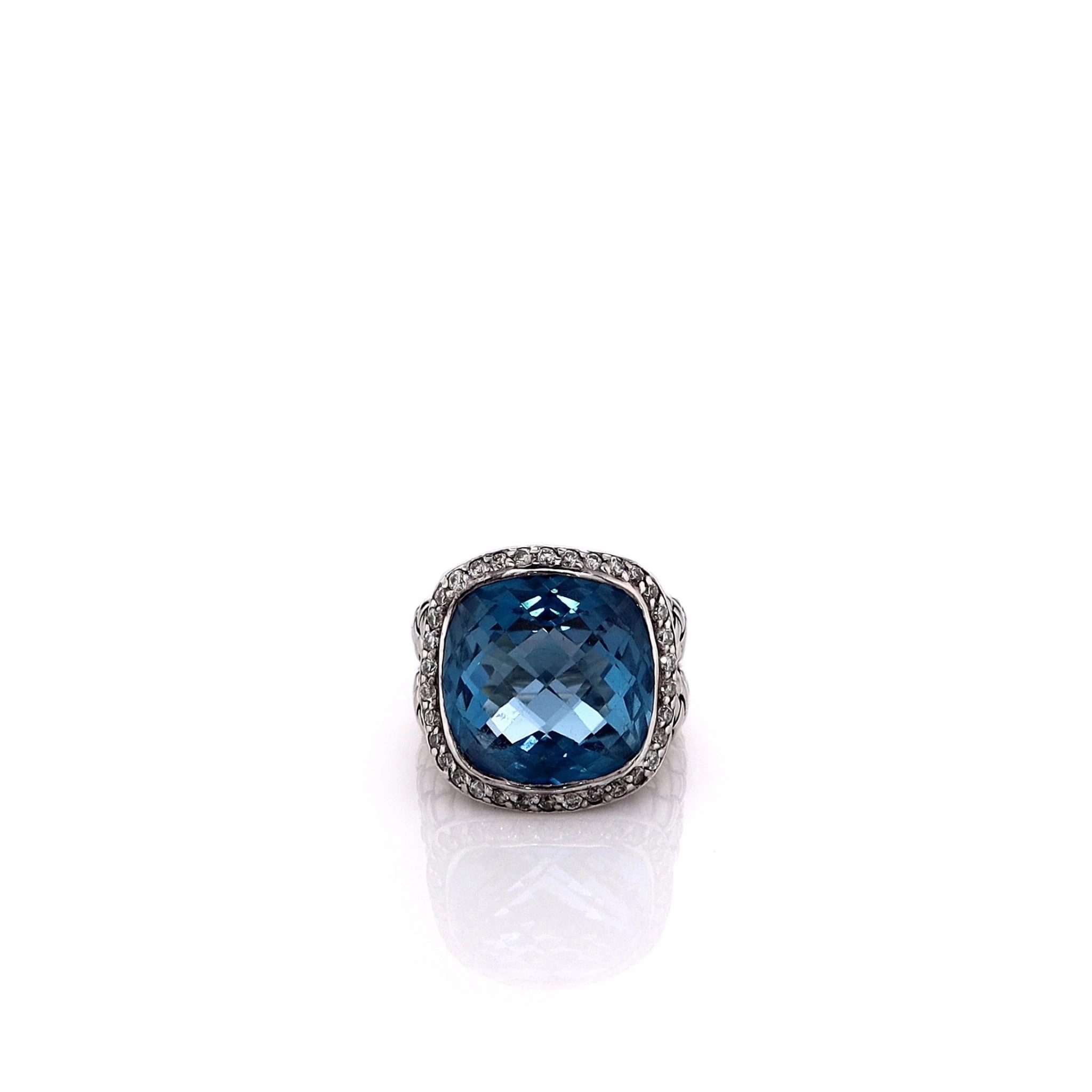 Estate Scott Kay Sterling Silver Blue Topaz and Diamond Ring