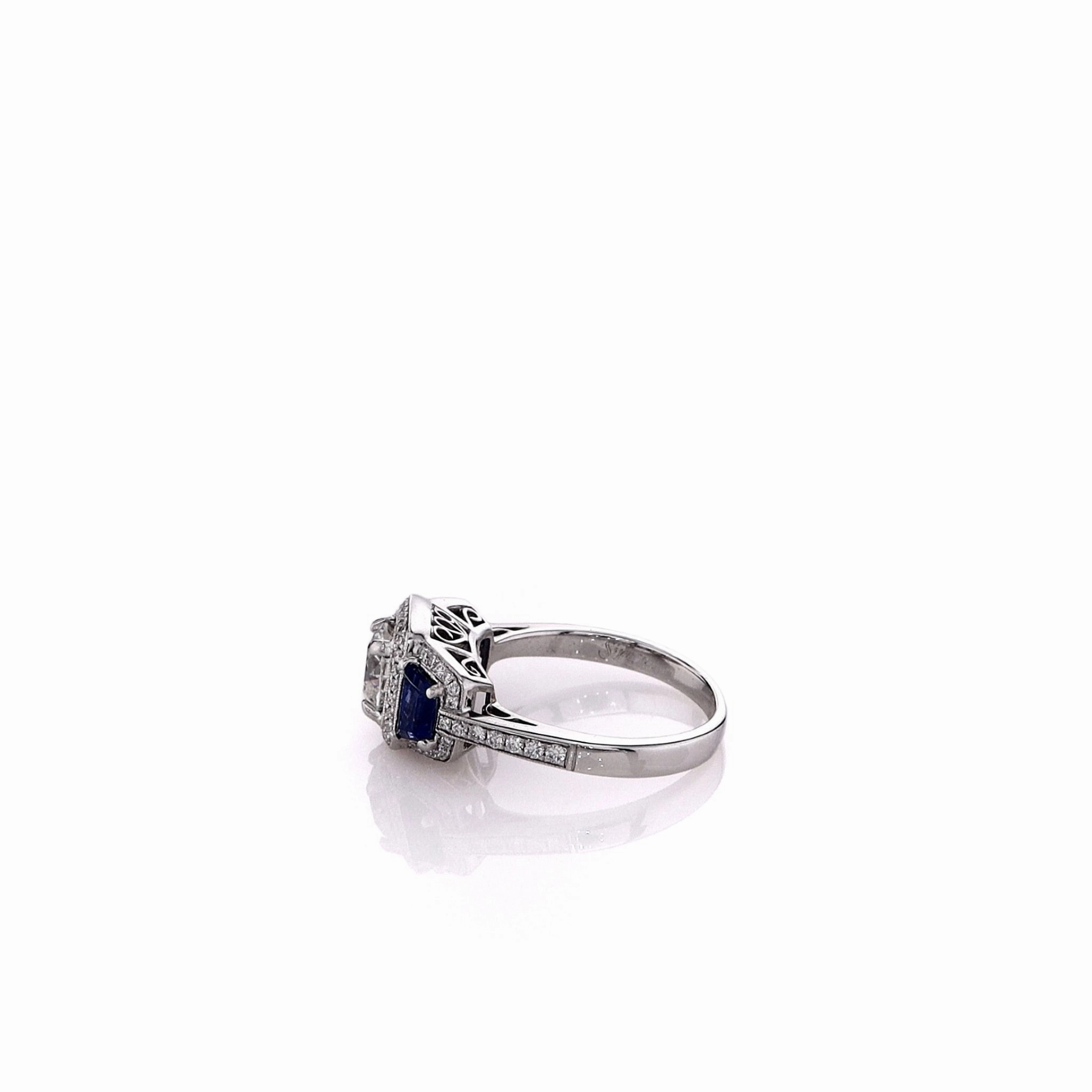 Estate Simon G 18 Karat White Gold Diamond and Sapphire Milgrain Ring