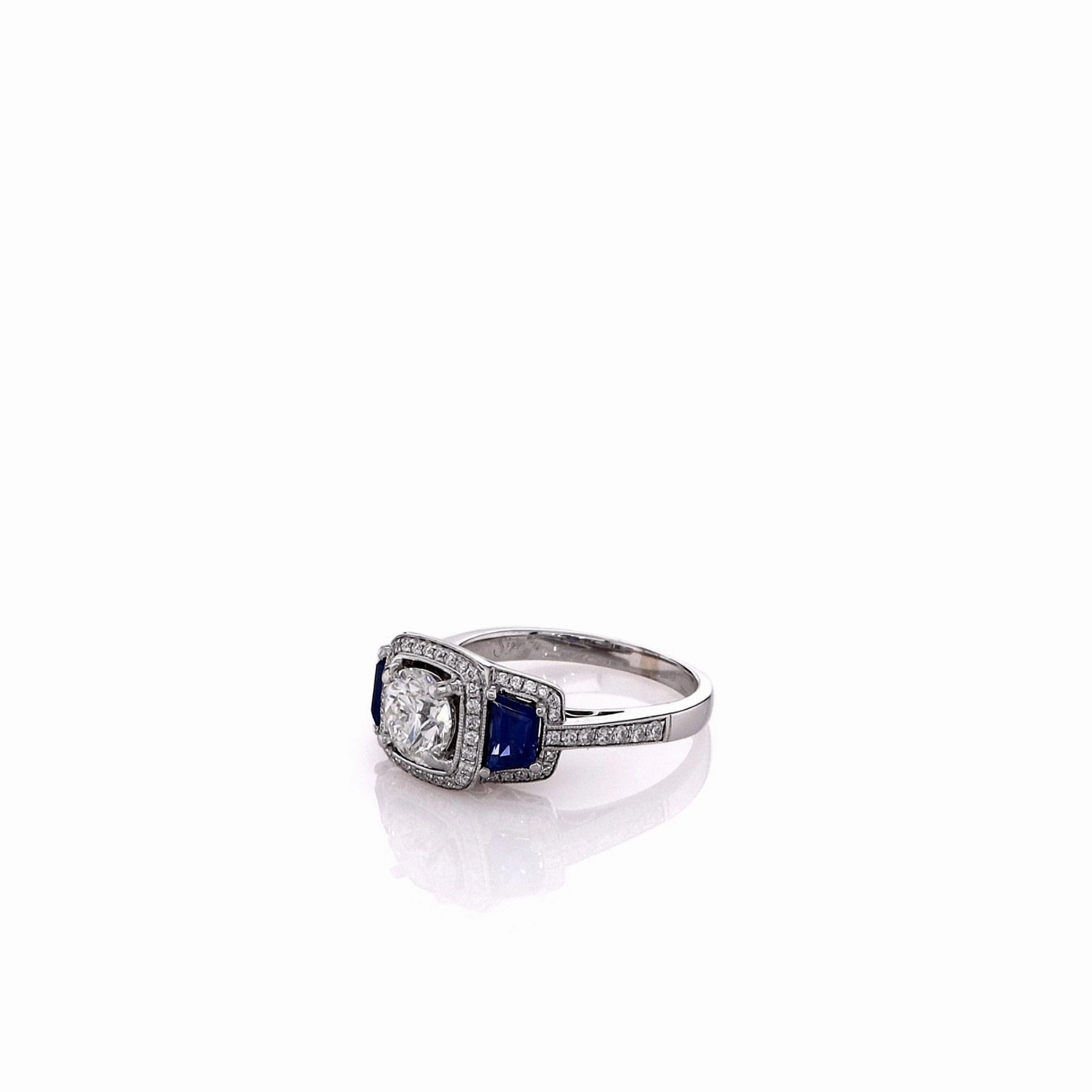 Estate Simon G 18 Karat White Gold Diamond and Sapphire Milgrain Ring