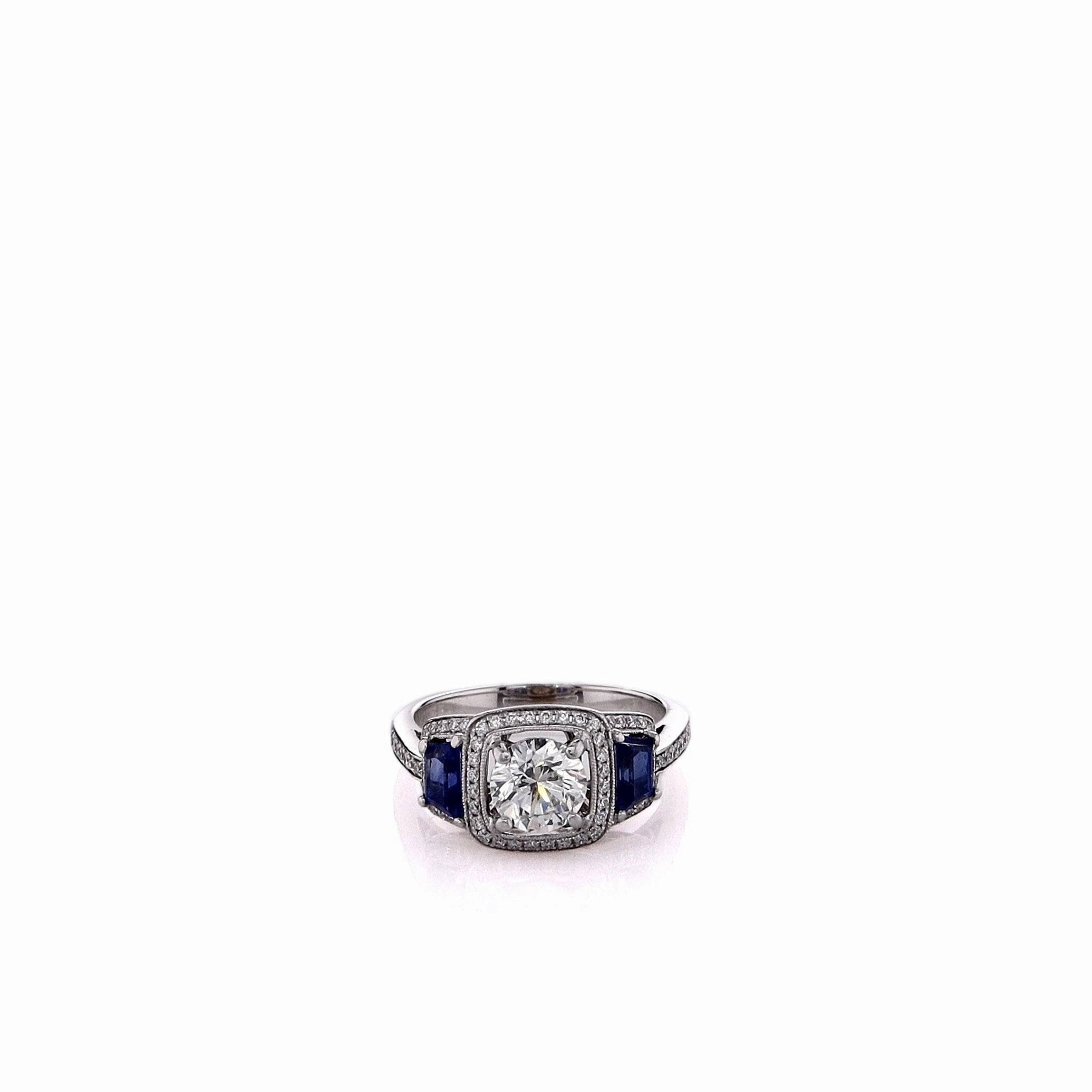 Estate Simon G 18 Karat White Gold Diamond and Sapphire Milgrain Ring