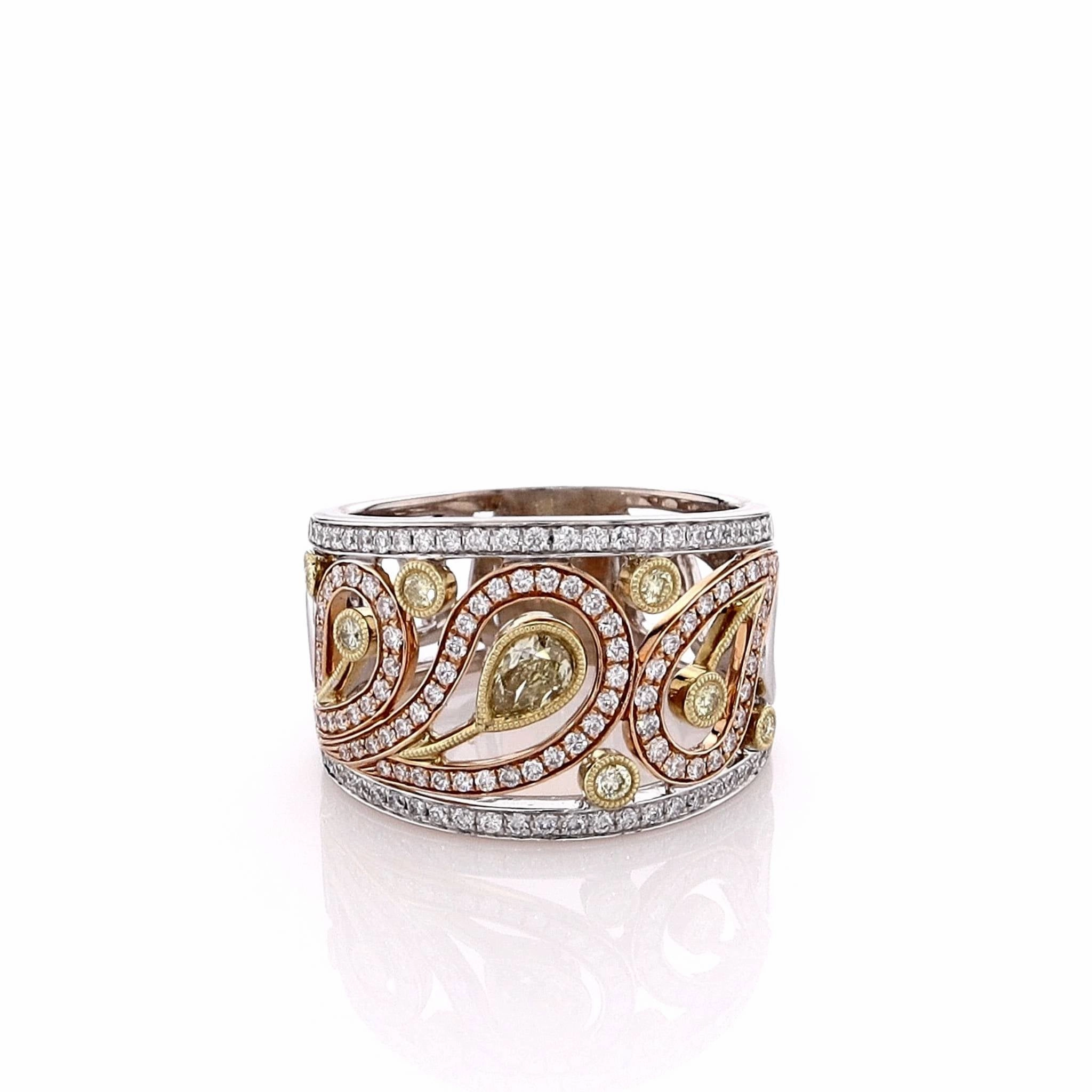 Estate Simon G 18k Tri Tone Paisley Design Yellow and White Diamond Ring