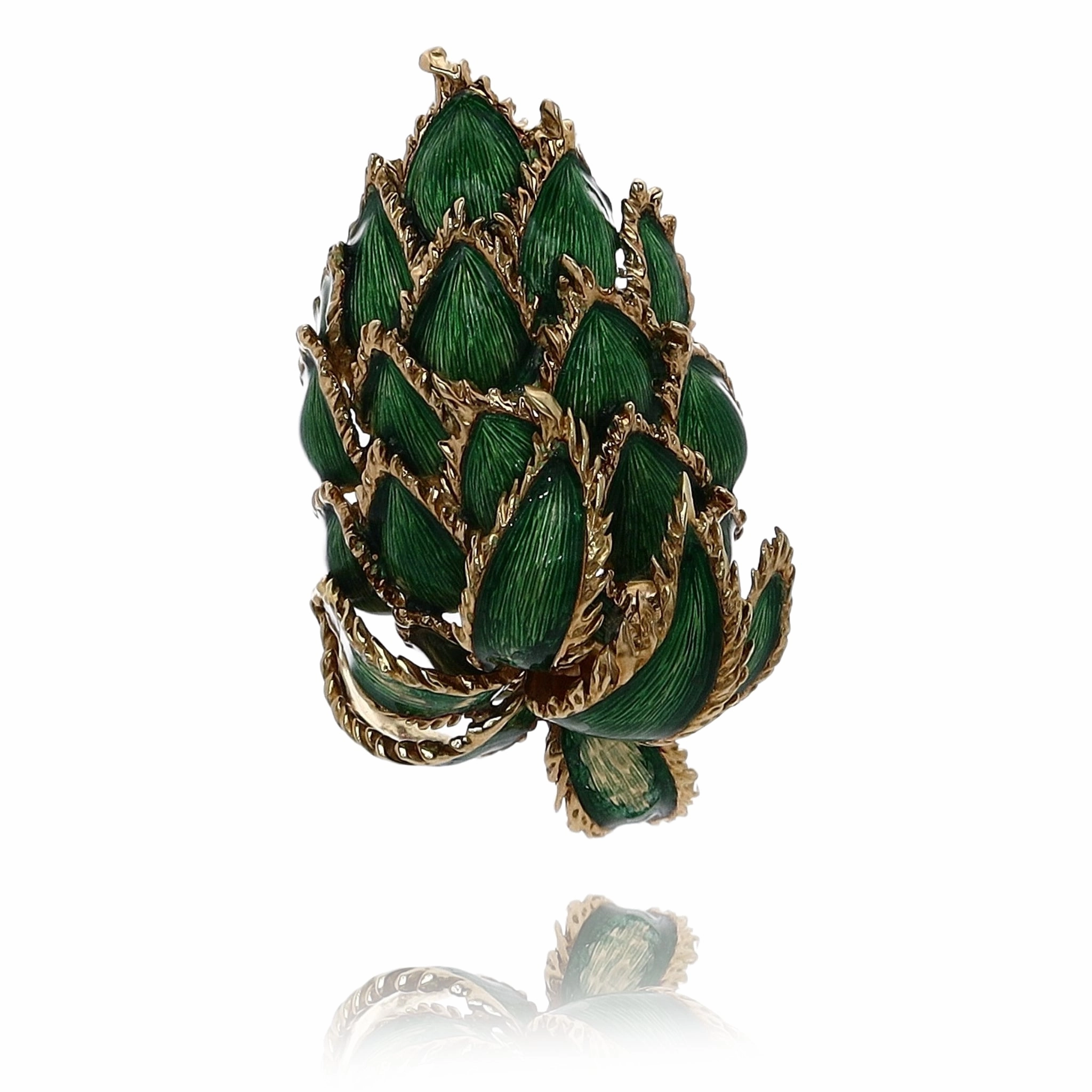 Estate Tiffany & Co 18 Karat Yellow Gold Botanical Design Green Enameled Leaves Brooch With Box