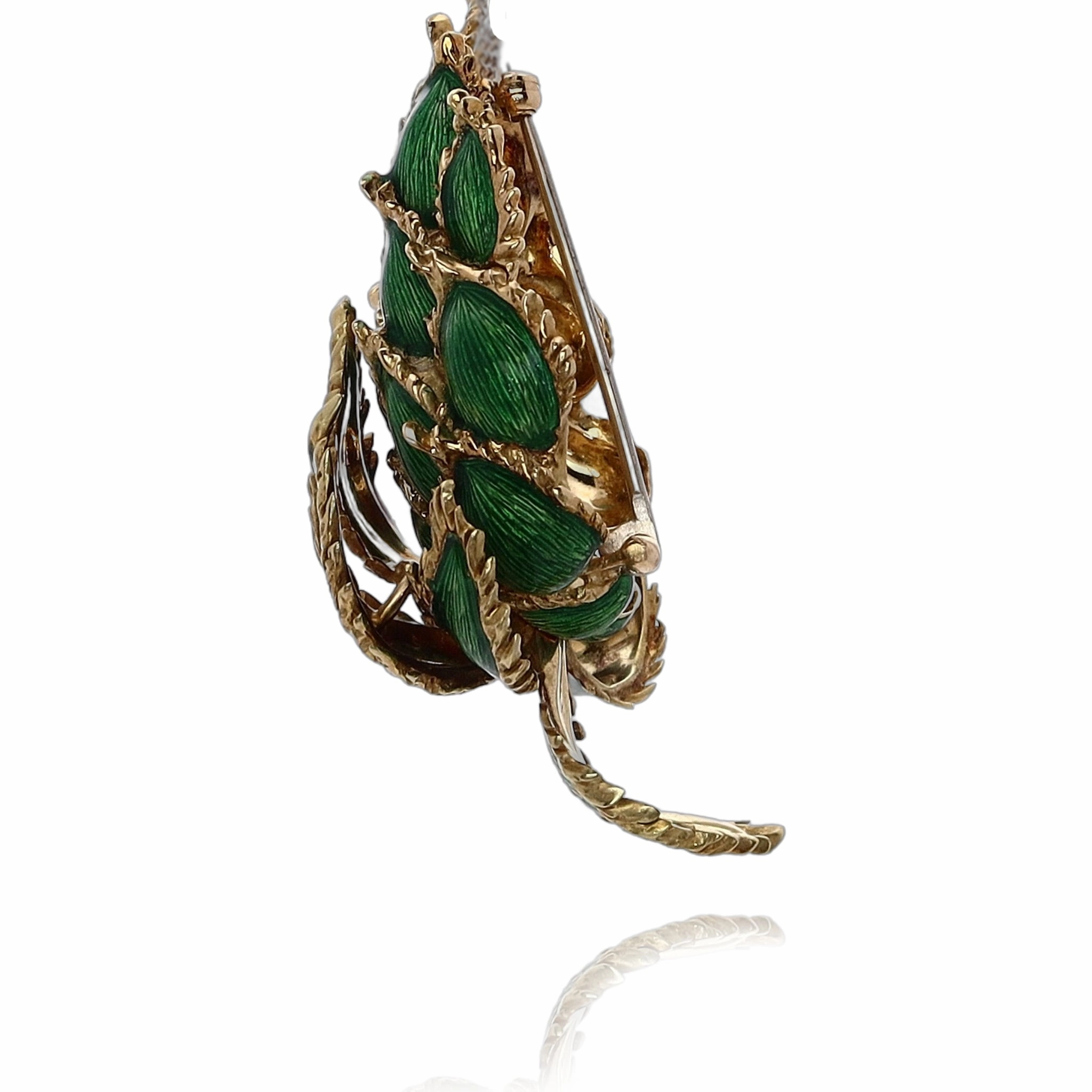 Estate Tiffany & Co 18 Karat Yellow Gold Botanical Design Green Enameled Leaves Brooch With Box