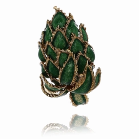 Estate Tiffany & Co 18 Karat Yellow Gold Botanical Design Green Enameled Leaves Brooch With Box