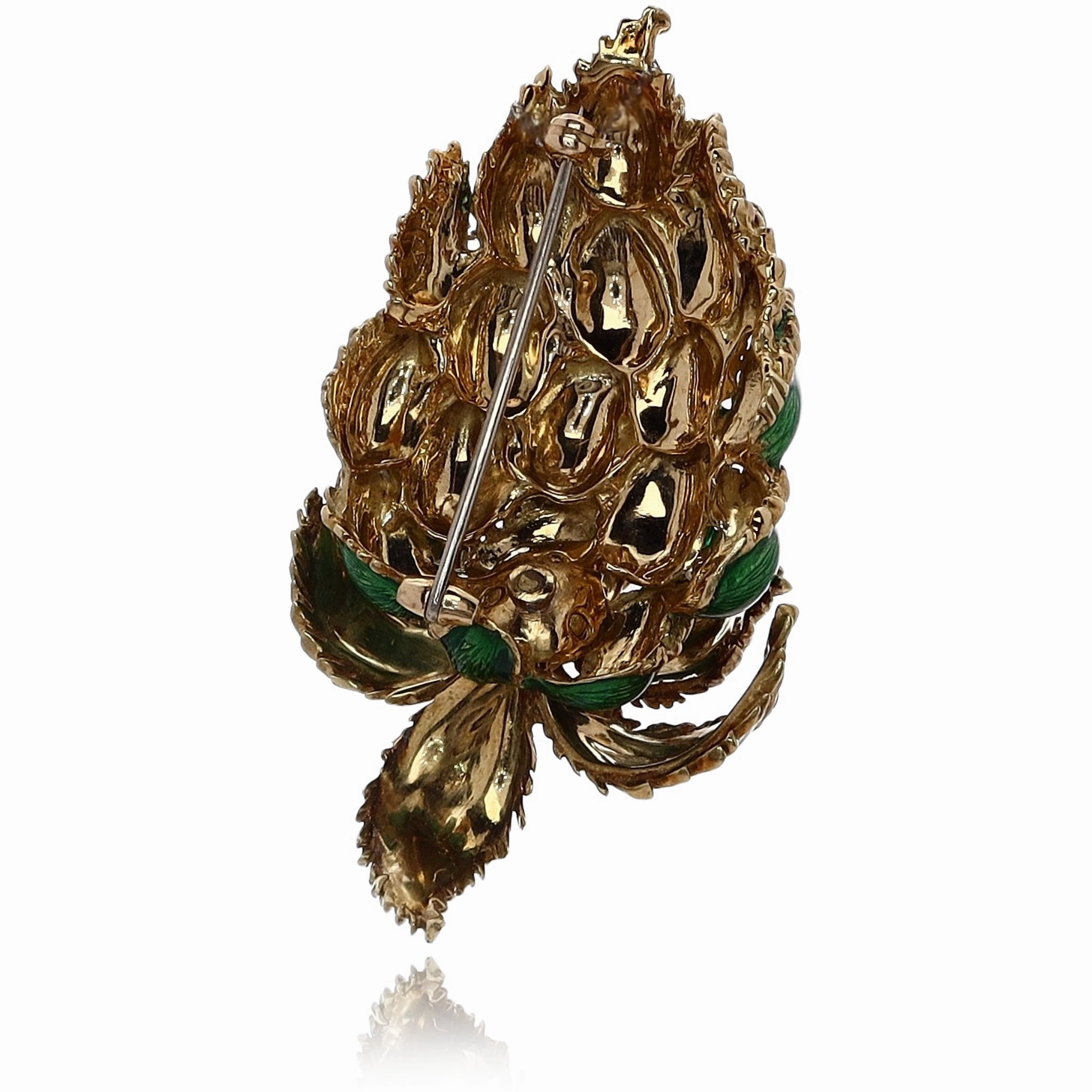 Estate Tiffany & Co 18 Karat Yellow Gold Botanical Design Green Enameled Leaves Brooch With Box