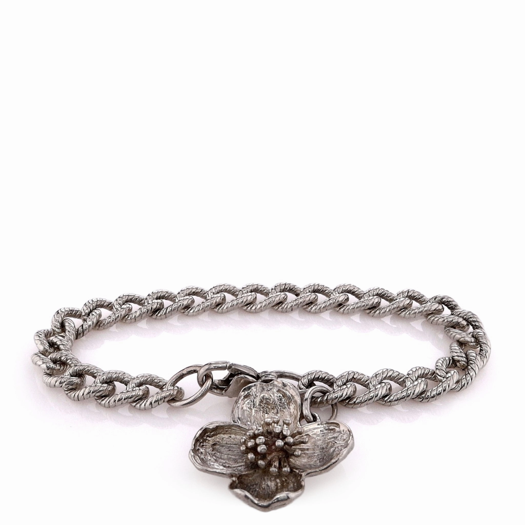 Estate Tiffany & Co Sterling Silver Dogwood Flower Charm Textured Curb Link Chain Bracelet
