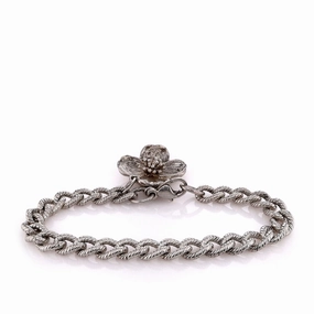 Estate Tiffany & Co Sterling Silver Dogwood Flower Charm Textured Curb Link Chain Bracelet