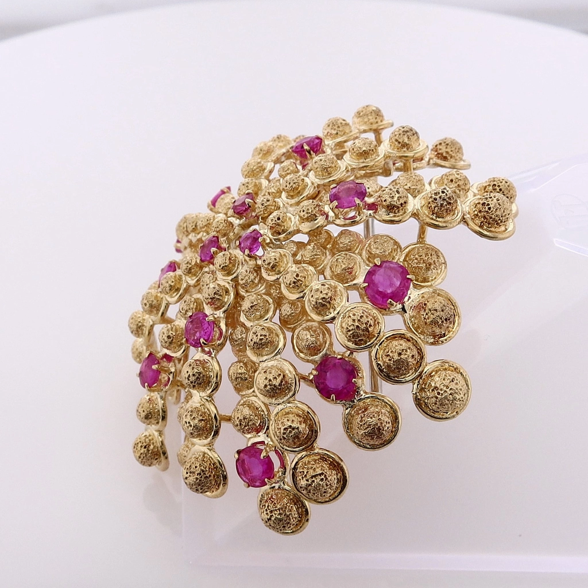 Estate Tiffany and Co 18 Karat Yellow Gold Domed Textured Coral Design Pink Sapphire Pin