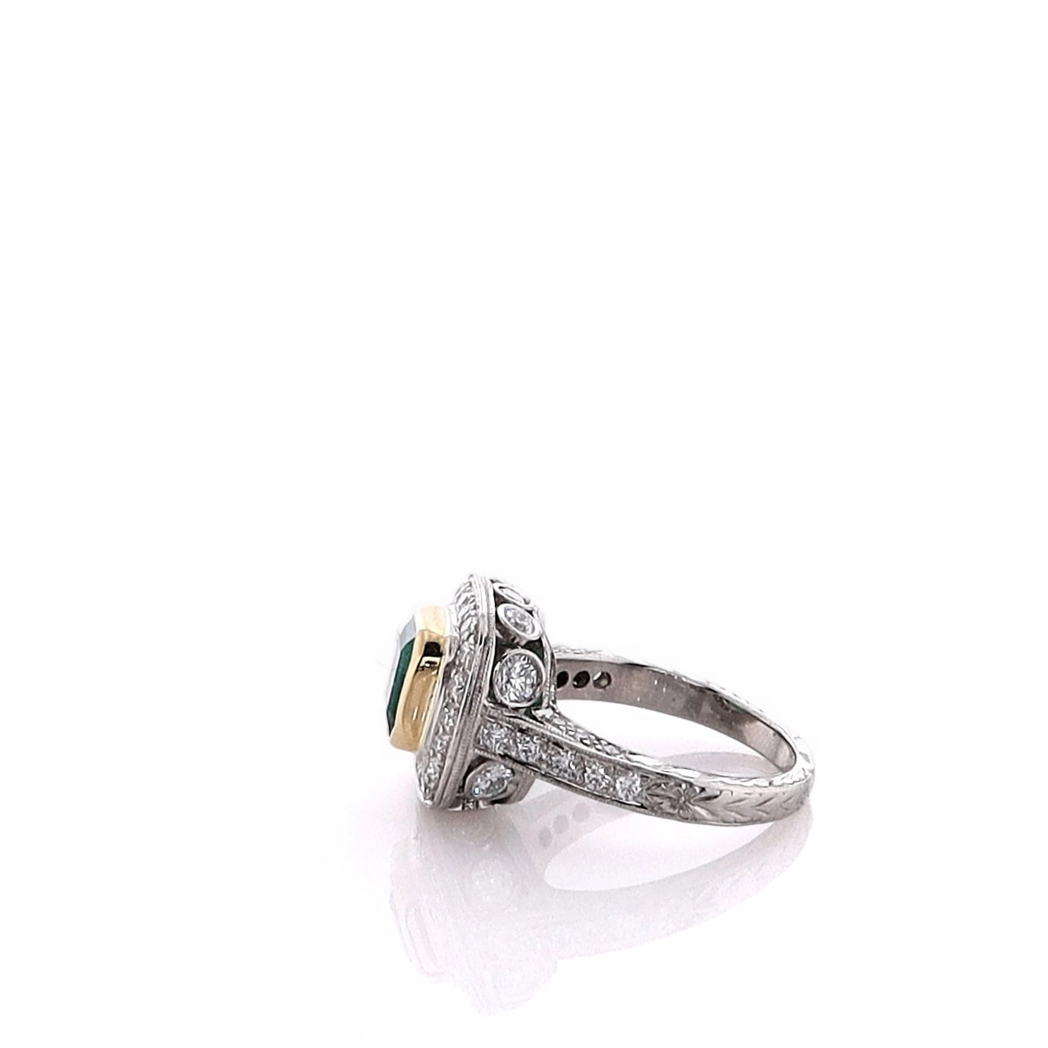 Estate Two-Tone Emerald Cut Emerald and Diamond Hand Engraved Ring