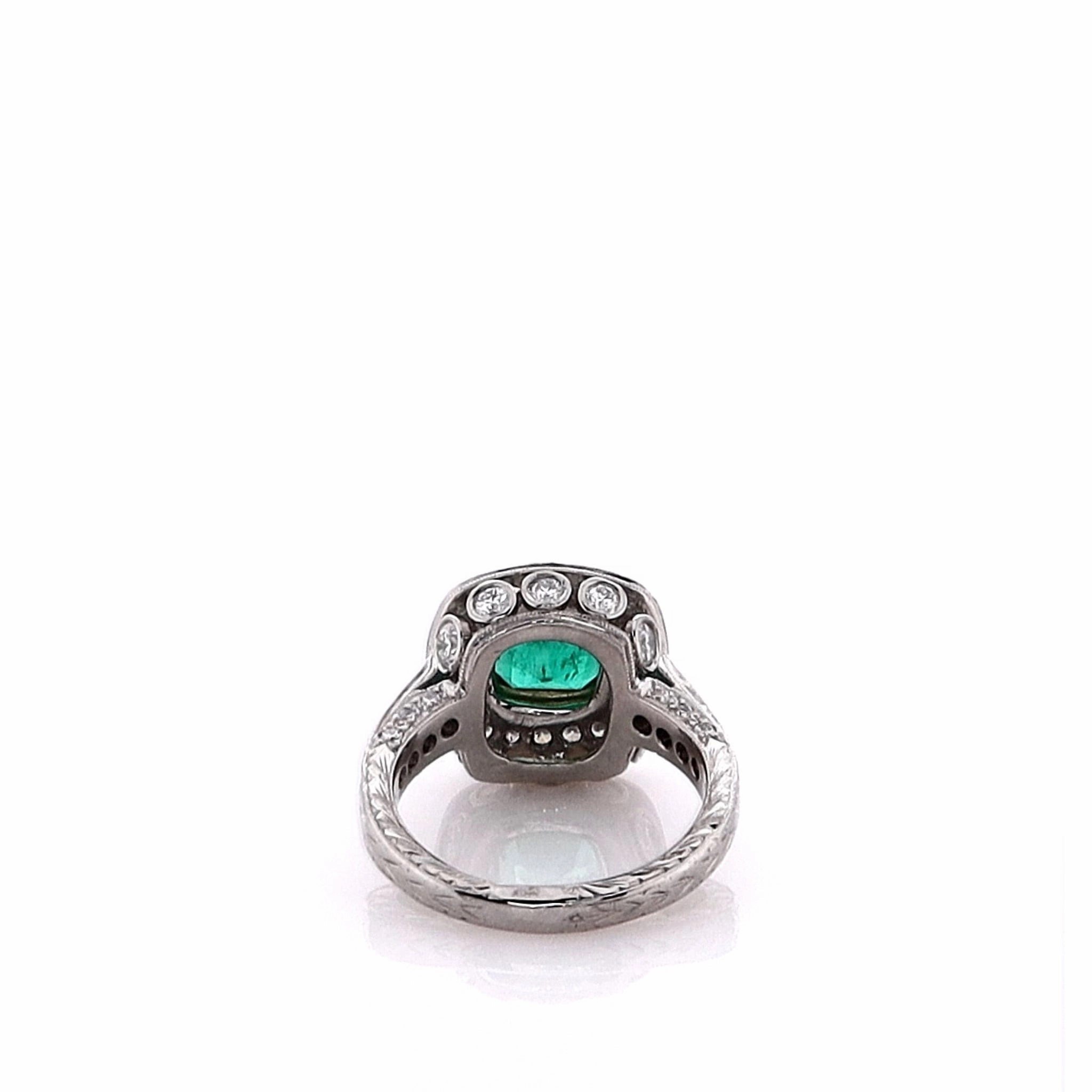 Estate Two-Tone Emerald Cut Emerald and Diamond Hand Engraved Ring