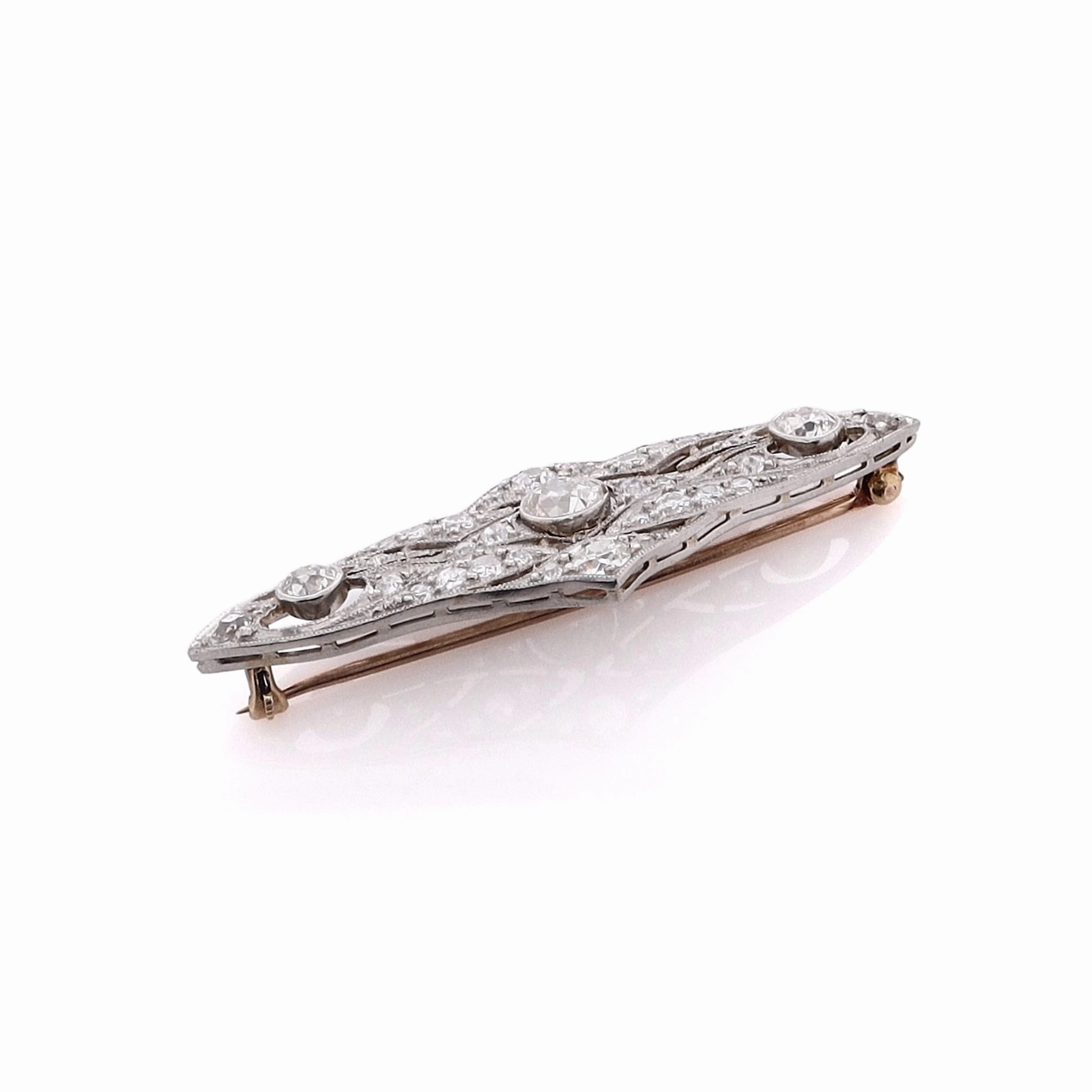 Estate Two-Tone Fan Shaped Milgrain Edge Diamond Brooch Pin