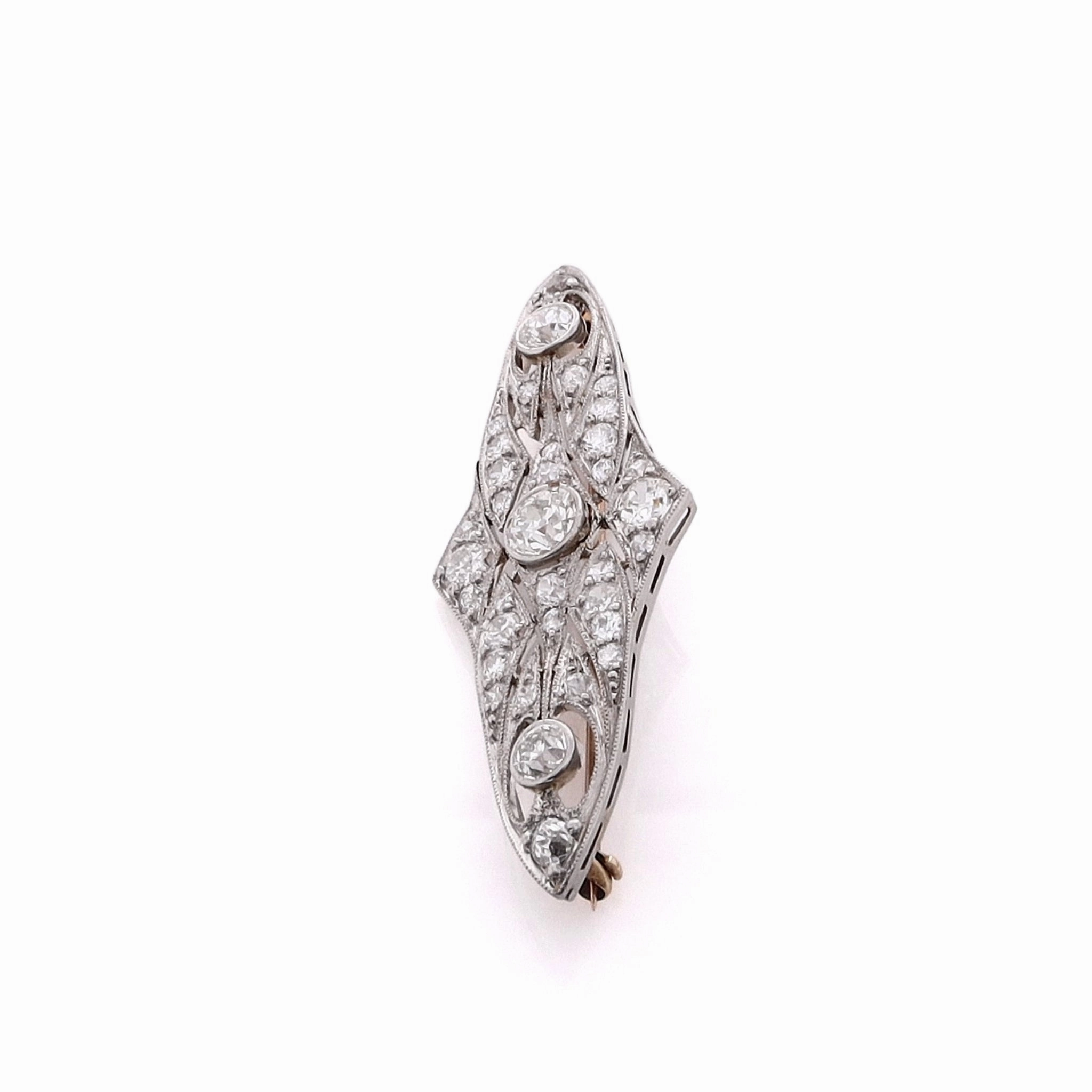 Estate Two-Tone Fan Shaped Milgrain Edge Diamond Brooch Pin