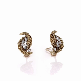 Estate Two-Tone Textured Reef Design Diamond Clip-On Stud Earrings