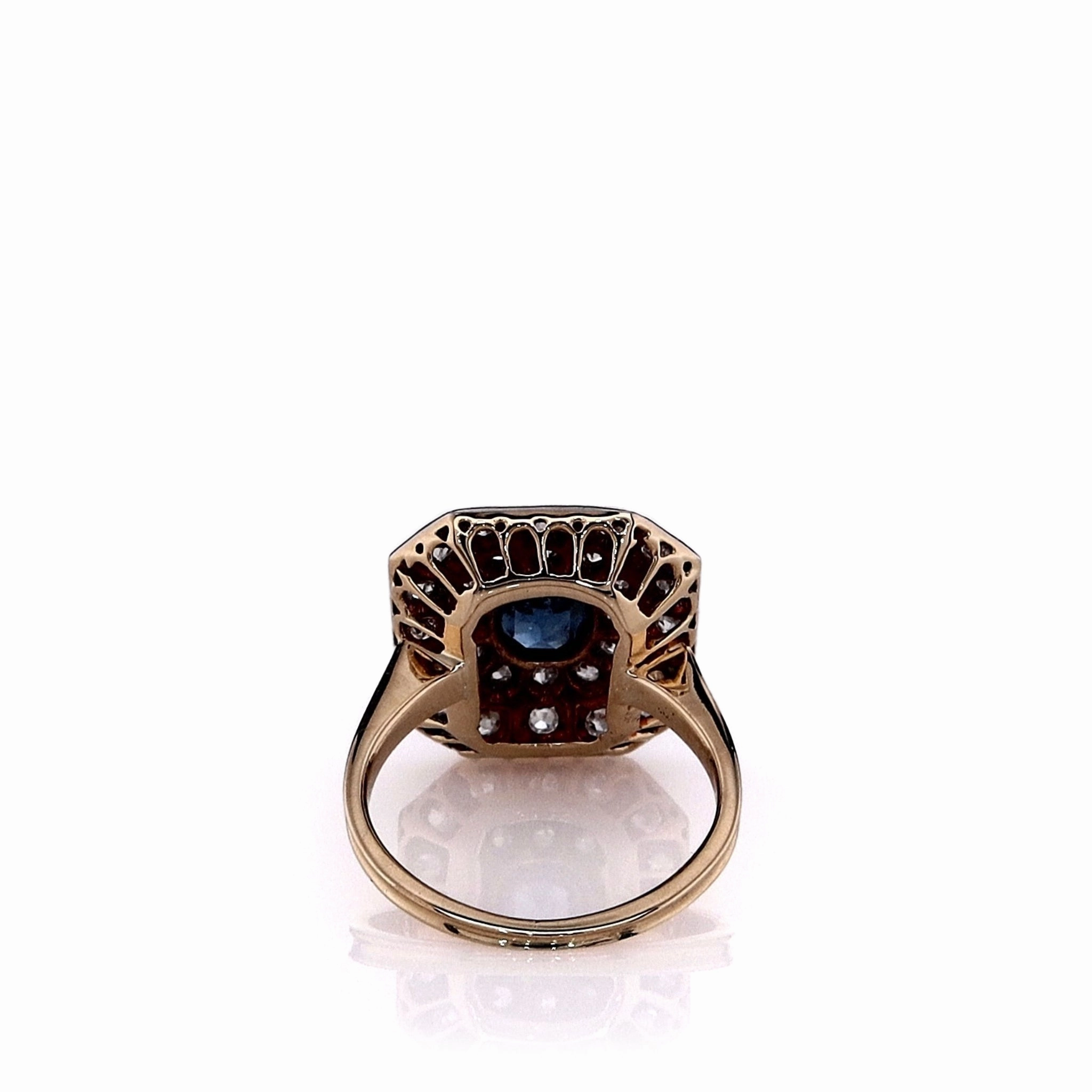 Estate Two-Tone Vintage Blue Glass Center and Diamond Double Halo Ring