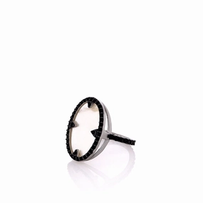 Freida Rothman Sterling Silver Mother of Pearl and Black Cubic Zirconia Halo Ring