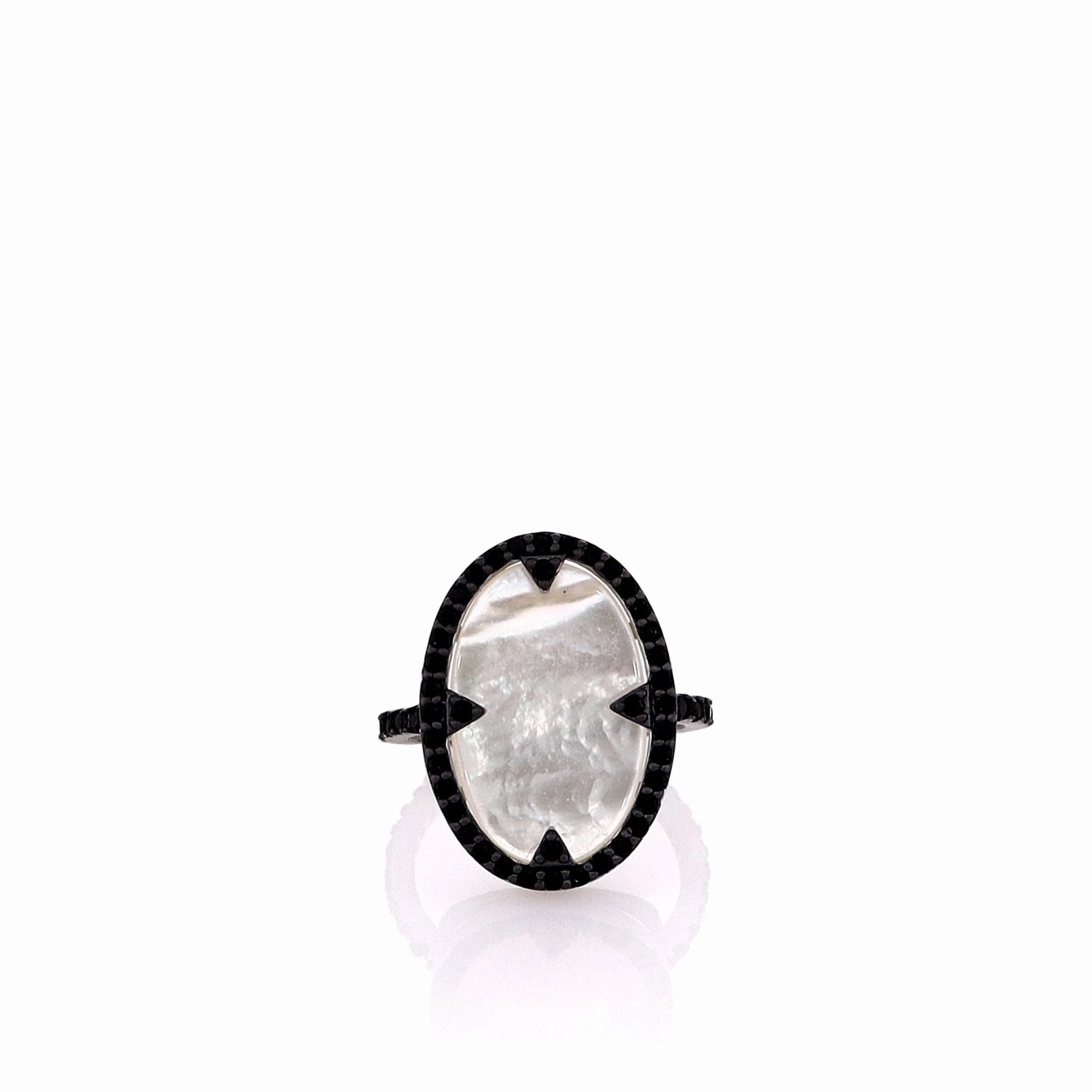 Freida Rothman Sterling Silver Mother of Pearl and Black Cubic Zirconia Halo Ring