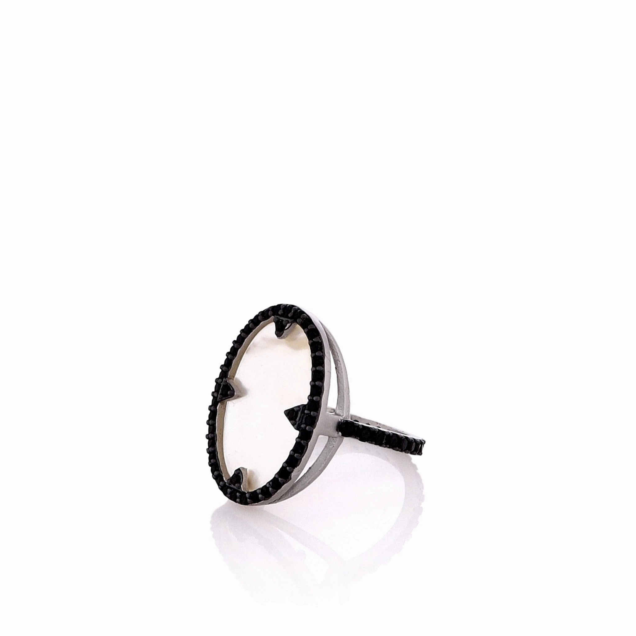 Freida Rothman Sterling Silver Mother of Pearl and Black Cubic Zirconia Halo Ring