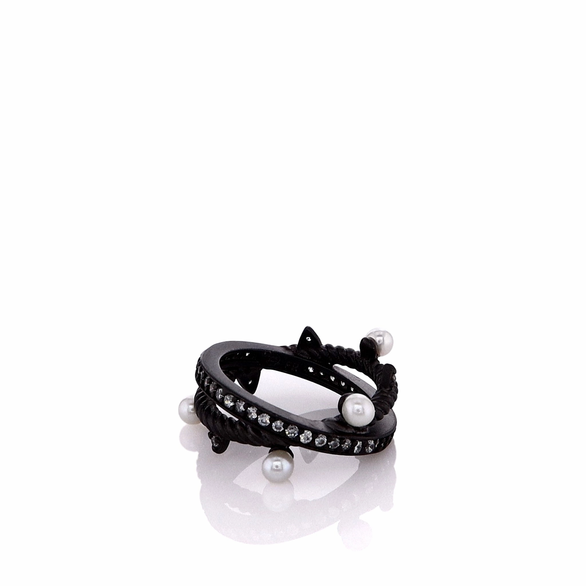 Freida Rothman Sterling Silver Pearl and Cubic Zirconia Cross Over Ring