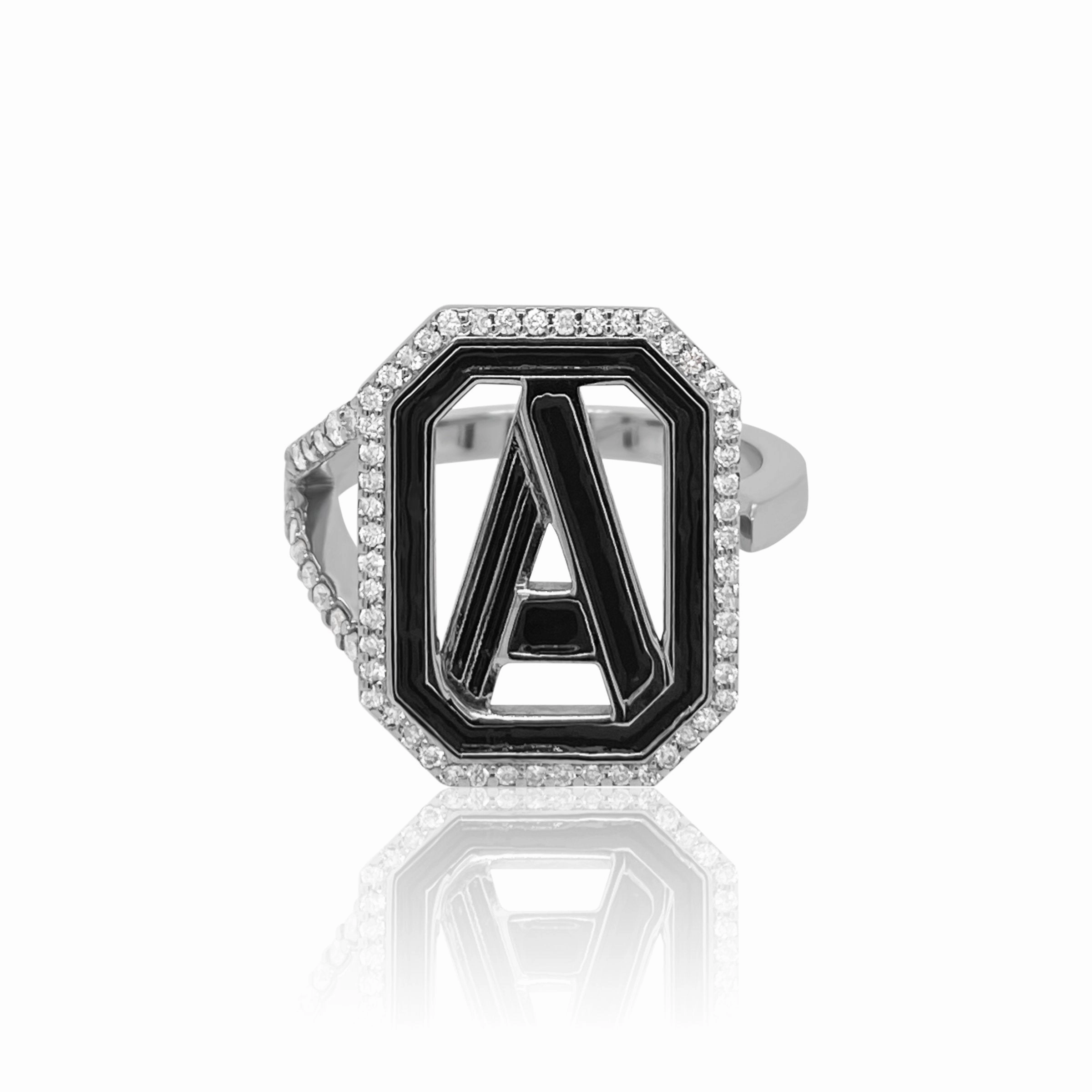 Gatsby Initial Ring with Diamonds - Fifteen Colors