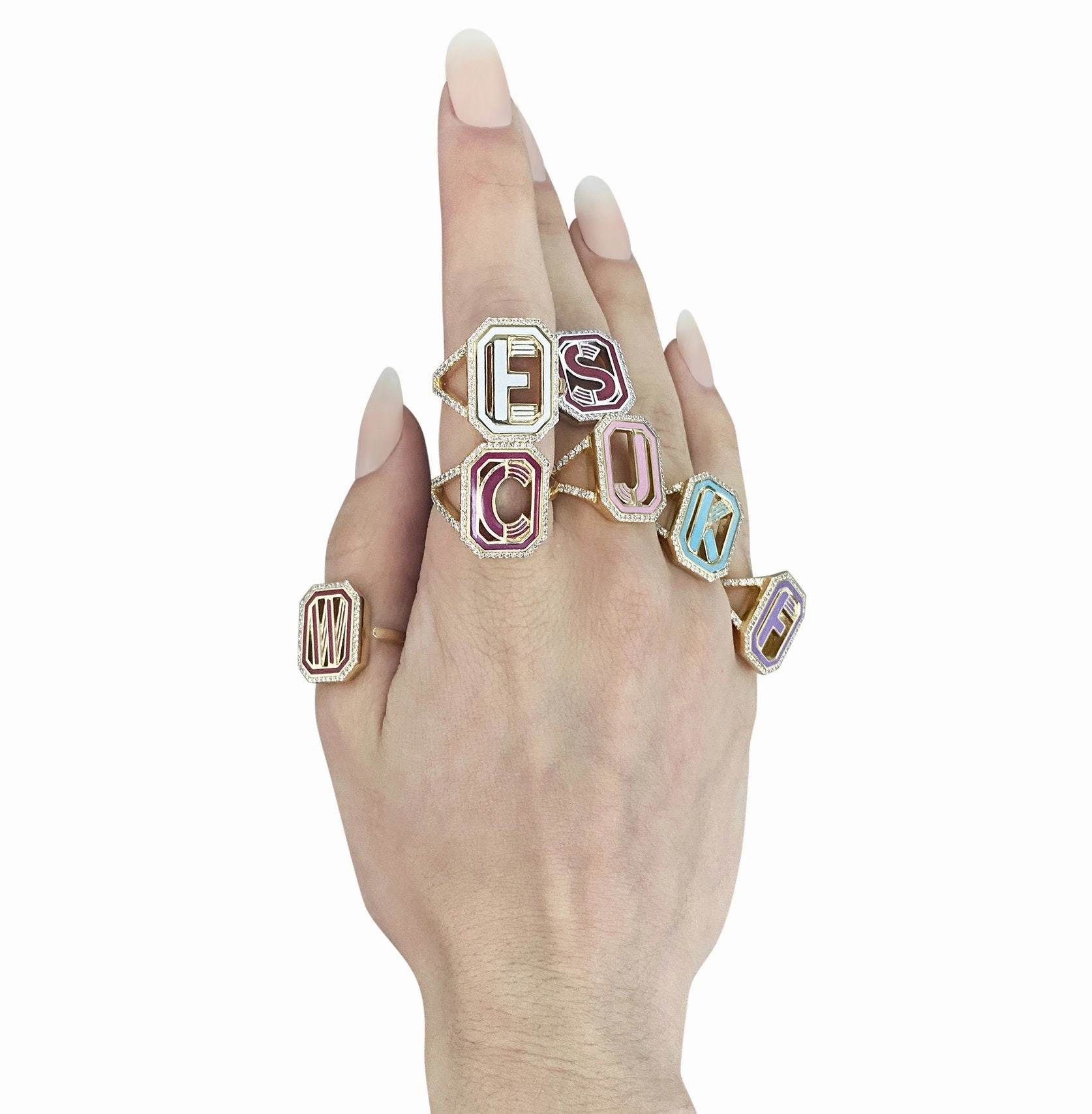 Gatsby Initial Ring with Diamonds - Fifteen Colors