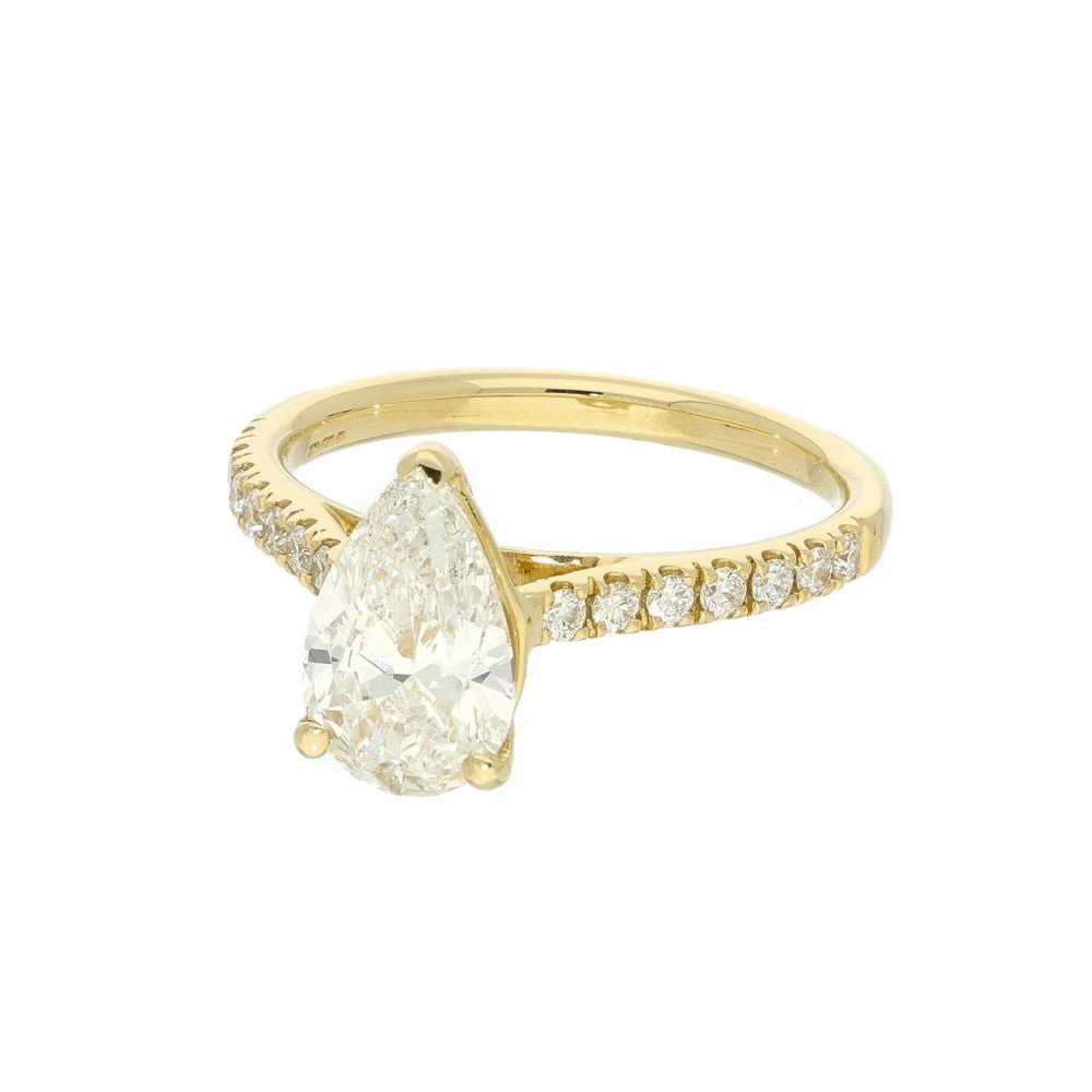 Gold Arts 18ct Yellow Gold Laboratory-Grown Diamond Pear Shape Ring with Diamond Shoulders