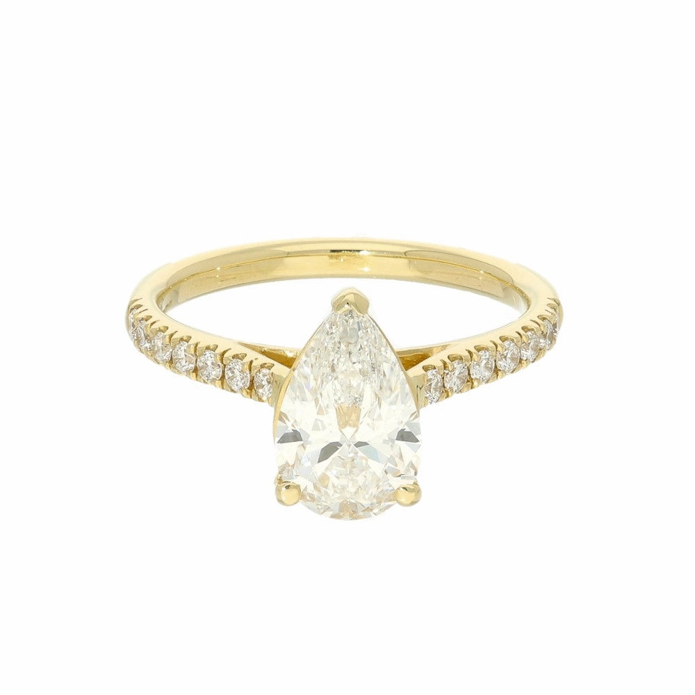 Gold Arts 18ct Yellow Gold Laboratory-Grown Diamond Pear Shape Ring with Diamond Shoulders