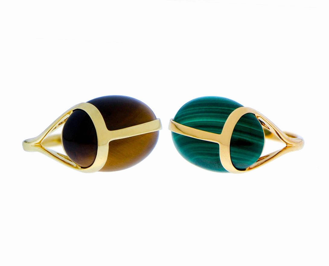 Gold ring with a malachite or tiger eye scarab