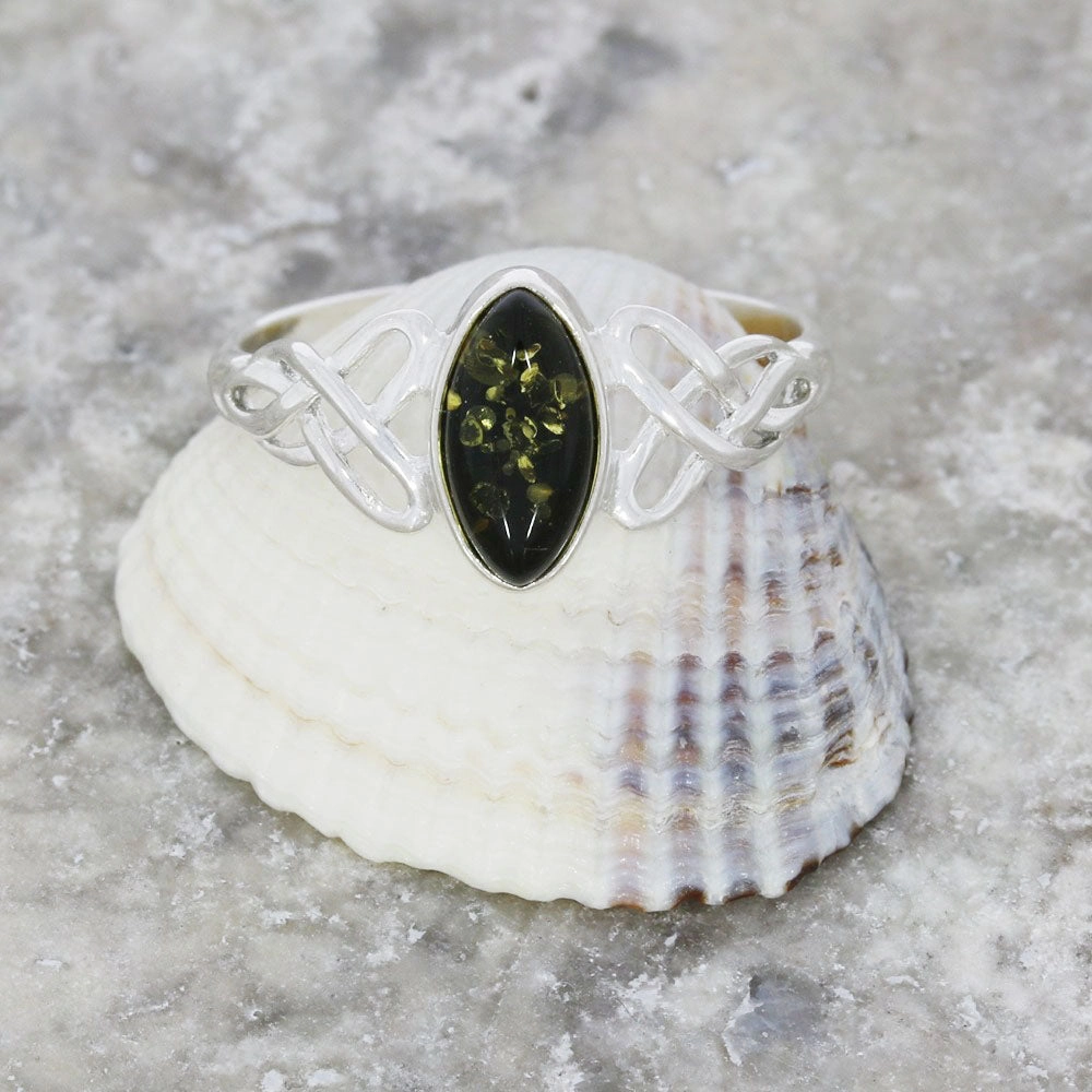 Green Amber Sterling Silver Celtic Ring