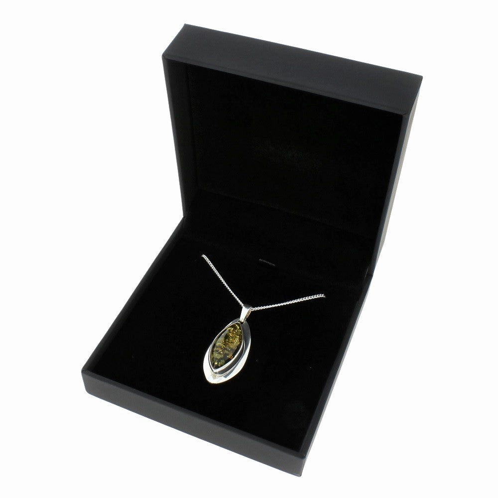 Green Amber Sterling Silver Marquise Pendant & Chain