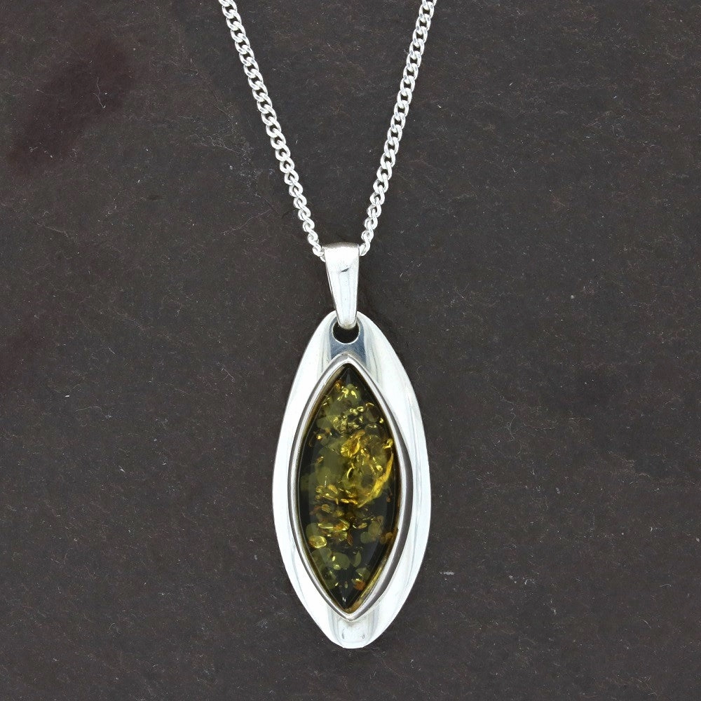 Green Amber Sterling Silver Marquise Pendant & Chain