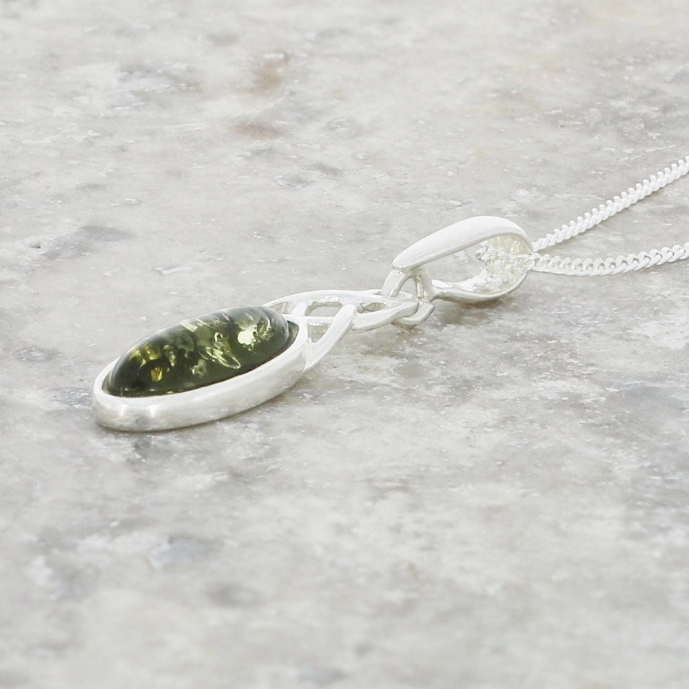 Green Amber Sterling Silver Small Celtic Pendant and Chain