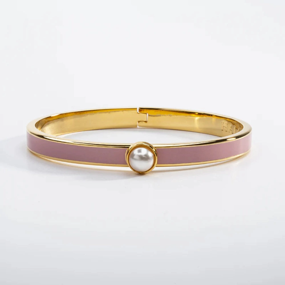 Halcyon Days 6mm Skinny Cabochon Pearl Gold Hinged Enamel Bangle