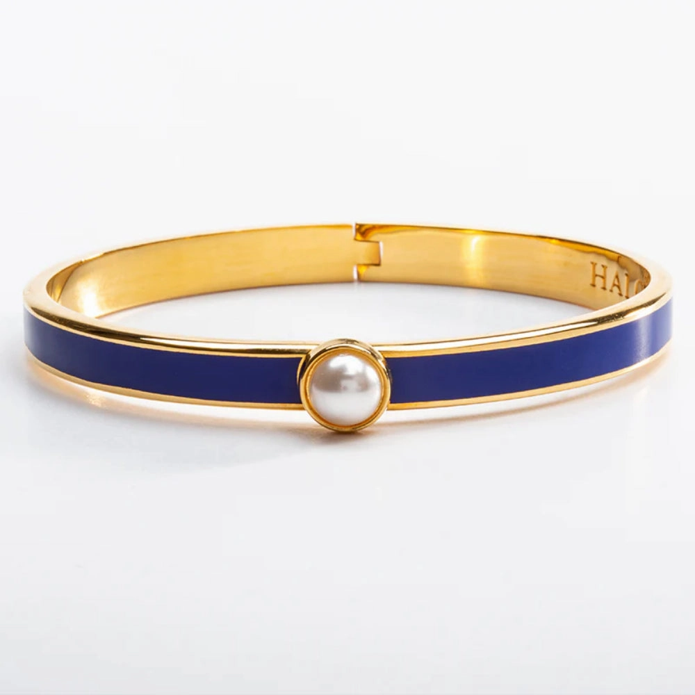 Halcyon Days 6mm Skinny Cabochon Pearl Gold Hinged Enamel Bangle