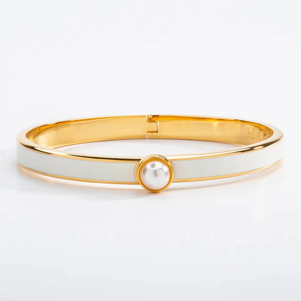 Halcyon Days 6mm Skinny Cabochon Pearl Gold Hinged Enamel Bangle