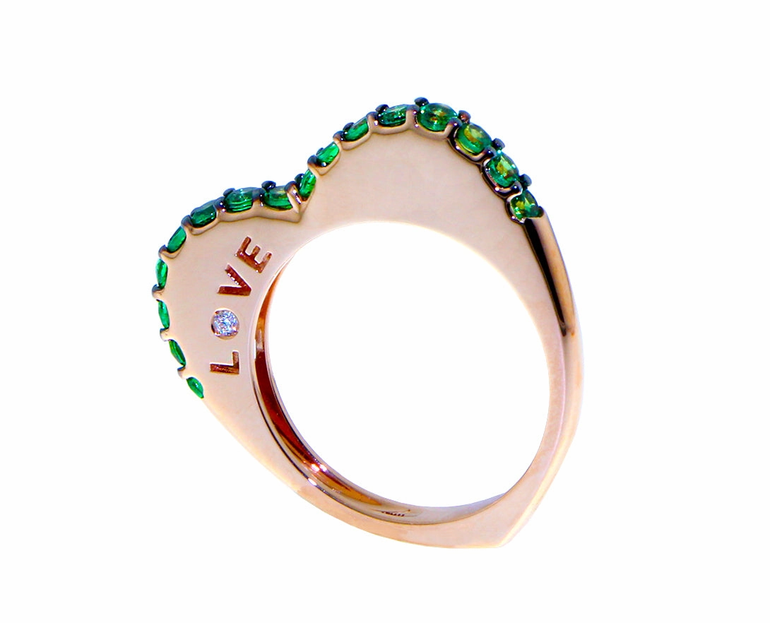 Heart shaped rose gold rings with diamonds, tsavorite or pink sapphires