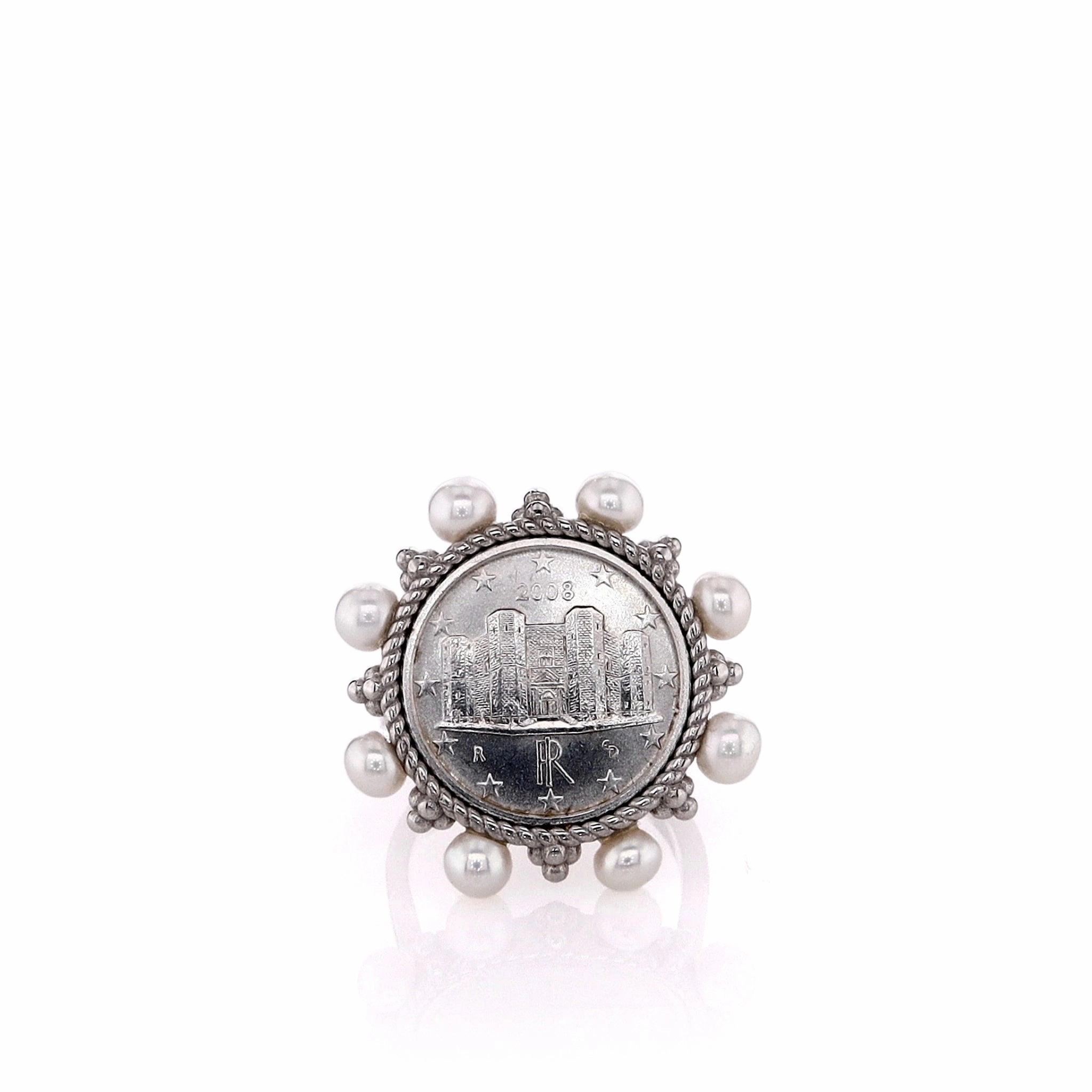 Honora Sterling Silver Coin Design Center and Button Pearl Ring