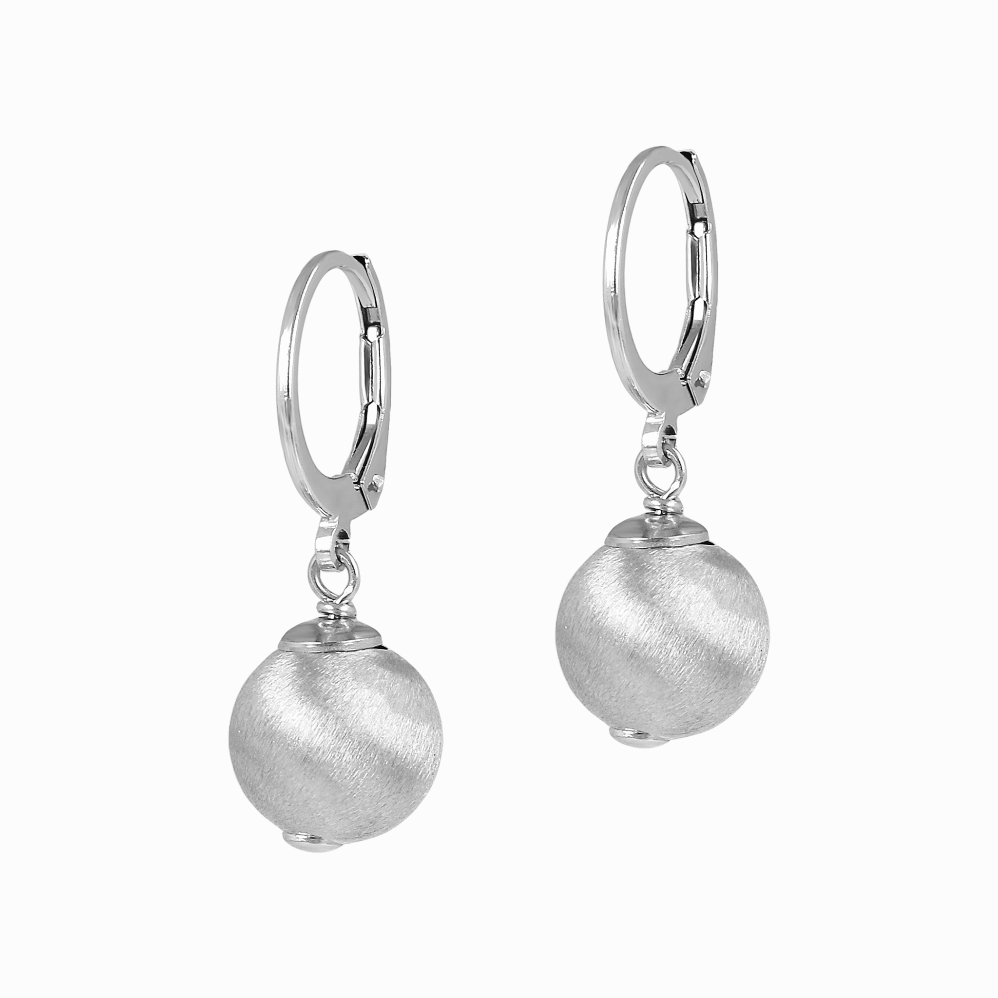 Italian Sterling Silver 10 mm Florentine Satin Bead Lever Back Earrings