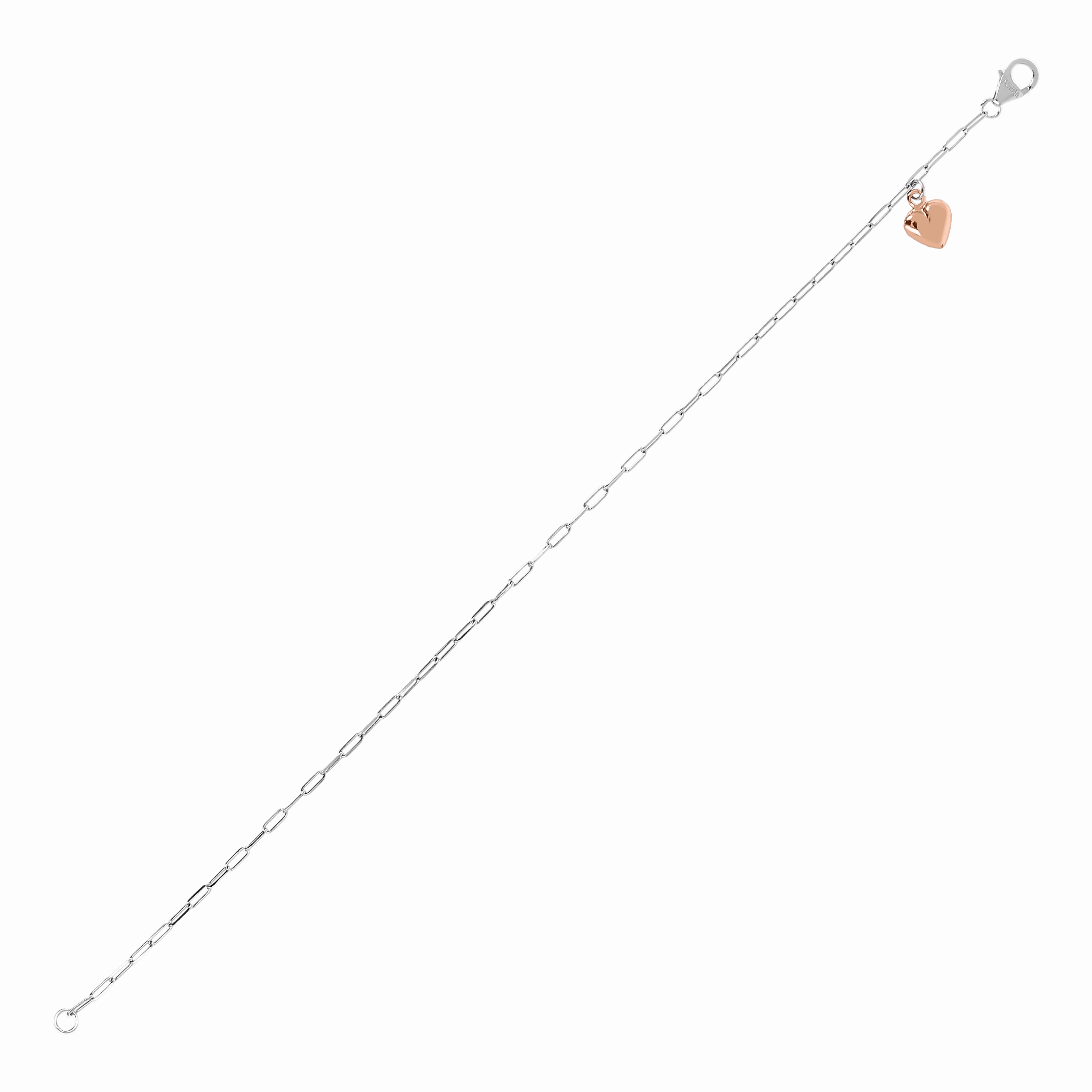 Italian Sterling Silver Paperclip Ankle Bracelet with Rose-Gold Heart