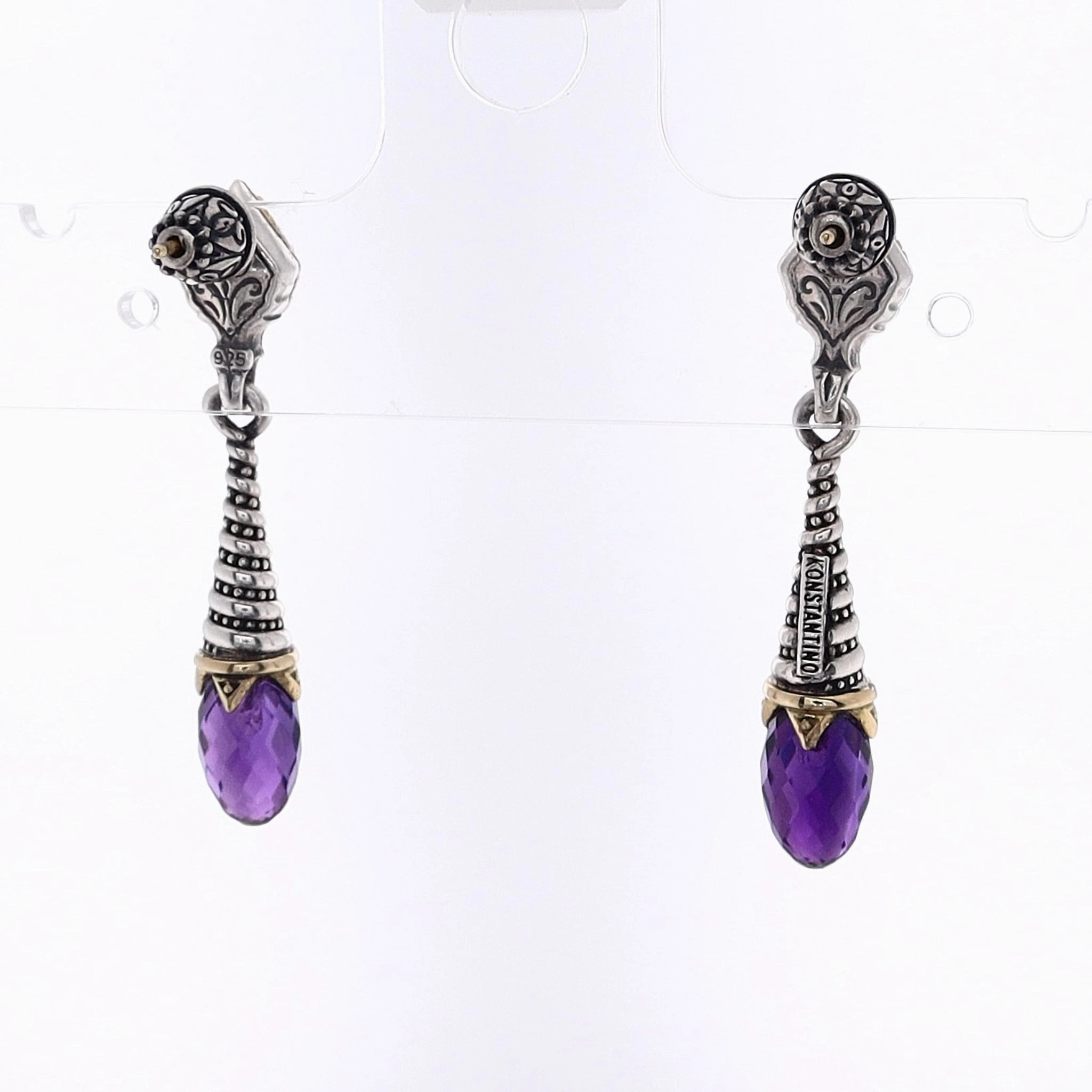 Konstantino Sterling Silver and 18 Karat Yellow Gold Anthos Amethyst Eon Drop Earrings