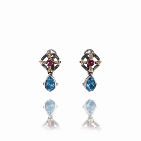 Konstantino Sterling Silver and 18 Karat Yellow Gold Swiss Blue Topaz and Rhodolite Earrings