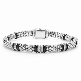 Lagos Black Caviar 6mm Four Station Diamond Caviar Bracelet