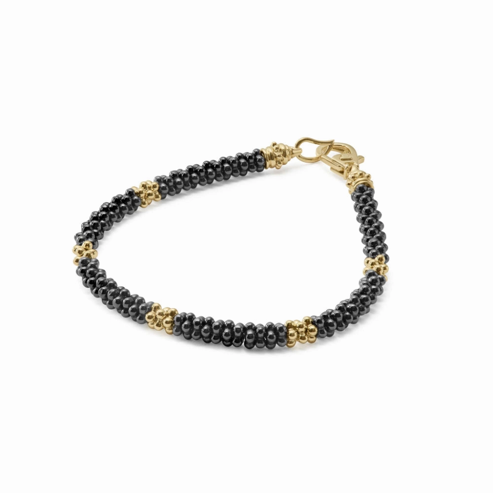 Lagos Black Caviar Five Small 18k Gold Station Ceramic Beaded Bracelet, 5mm