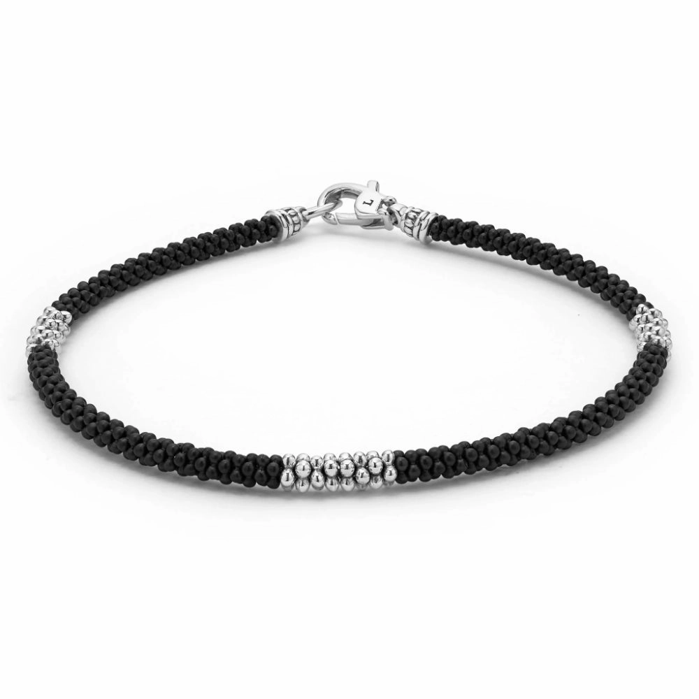 Lagos Black Caviar Three Silver Station Matte Ceramic Bracelet, 3mm