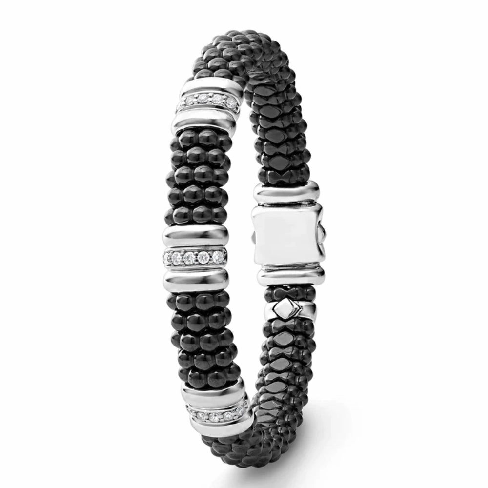 Lagos Black Caviar Three Station Ceramic Diamond Bracelet, 9mm