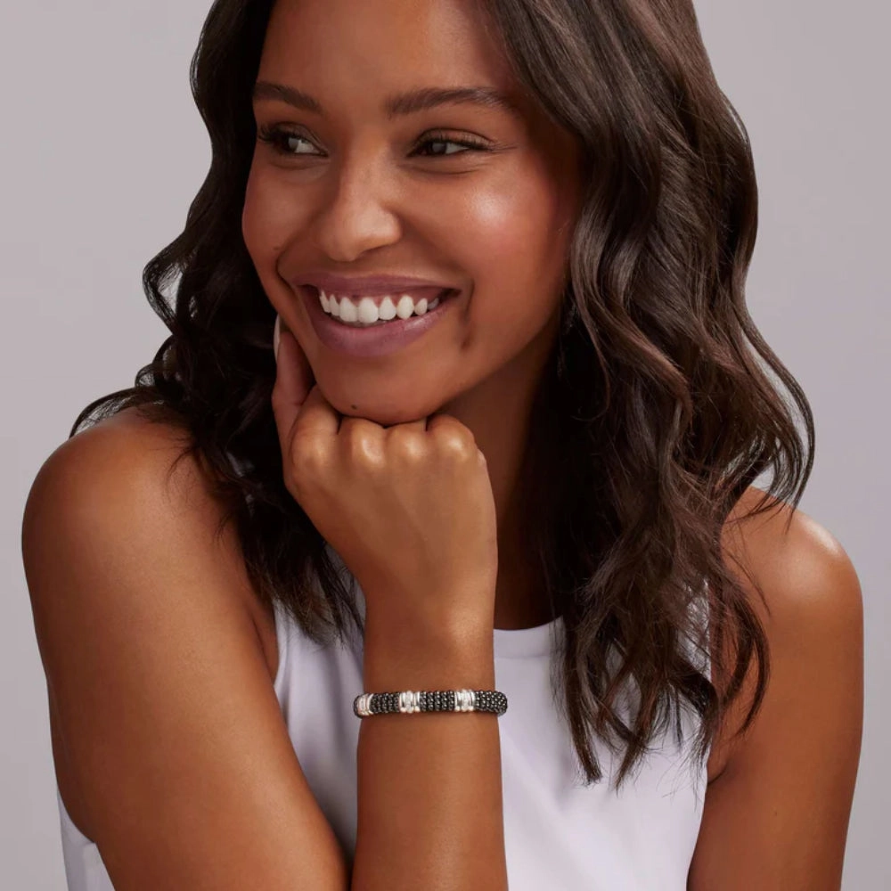Lagos Black Caviar Three Station Ceramic Diamond Bracelet, 9mm