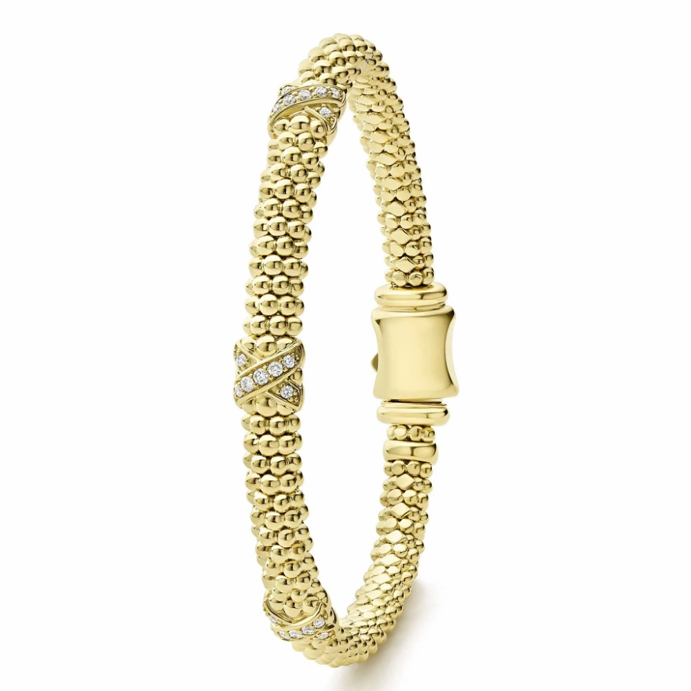 Lagos Embrace 18k Gold Three Station X Diamond Caviar Bracelet, 6mm
